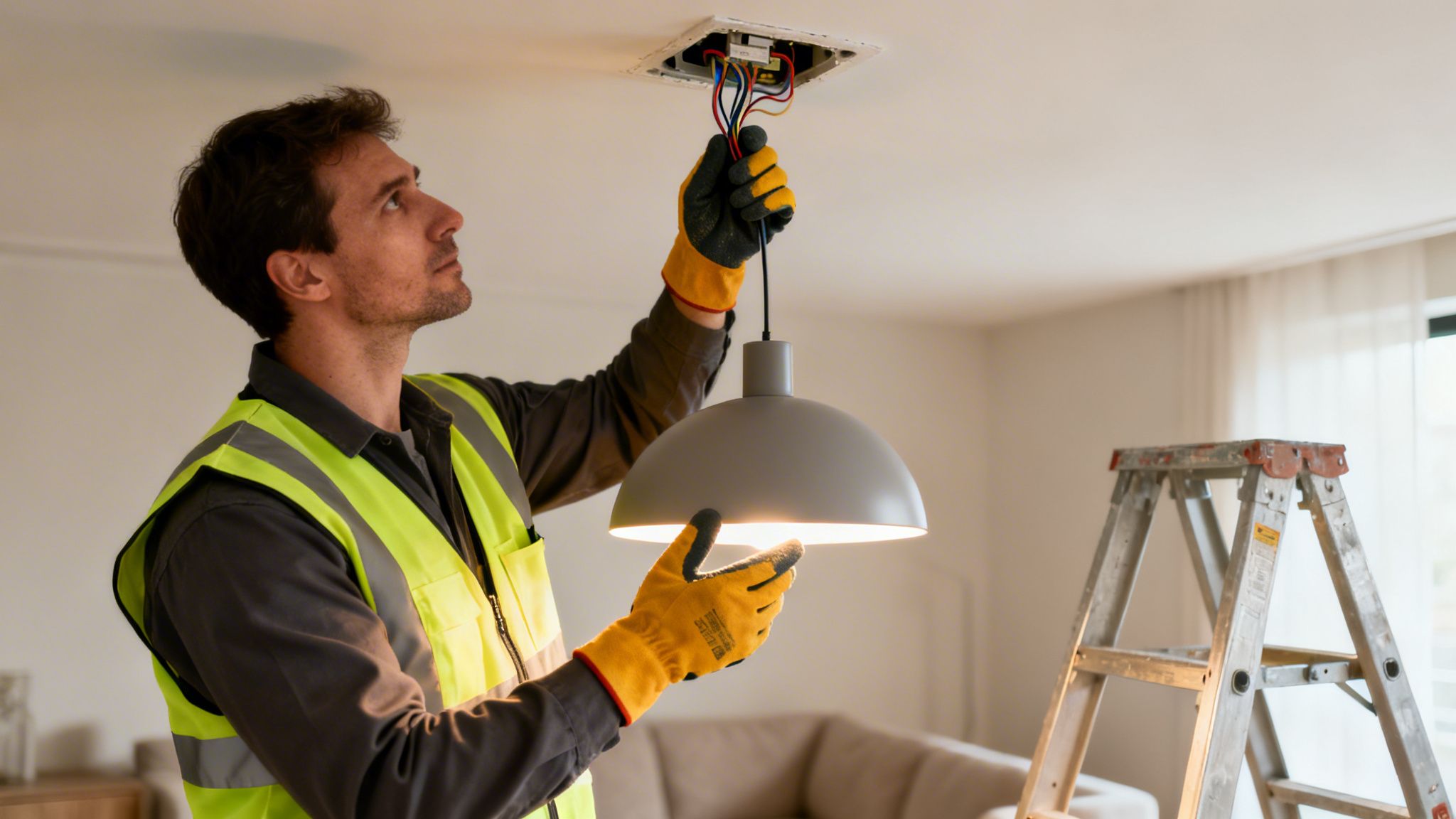 Mand i sikkerhedsvest monterer en grå pendellampe i loftet, hvor elektriske ledninger er synlige.