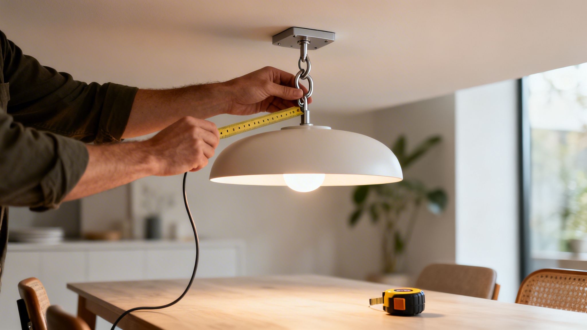 En person måler højden på en hvid loftslampe over et træbord med et målebånd for at justere den.