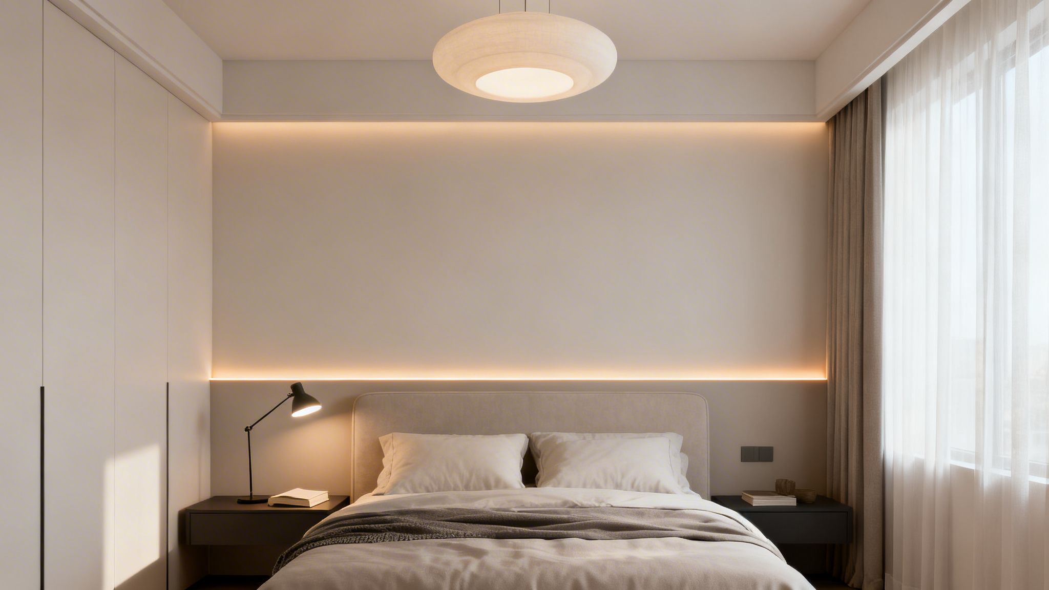 Et moderne soveværelse med en seng, natborde, indbygget belysning, skab og gardiner.