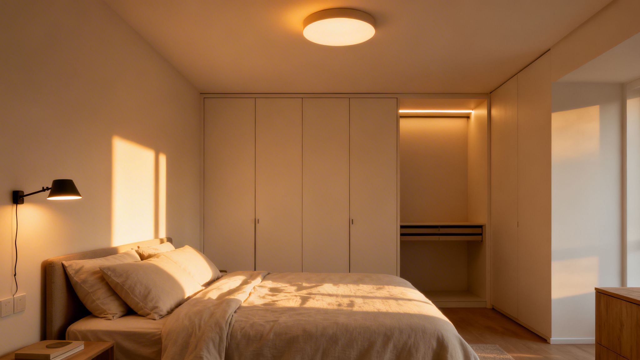 Hyggeligt soveværelse med en seng, indbyggede skabe og forskellige lyskilder, herunder sollys og lamper.