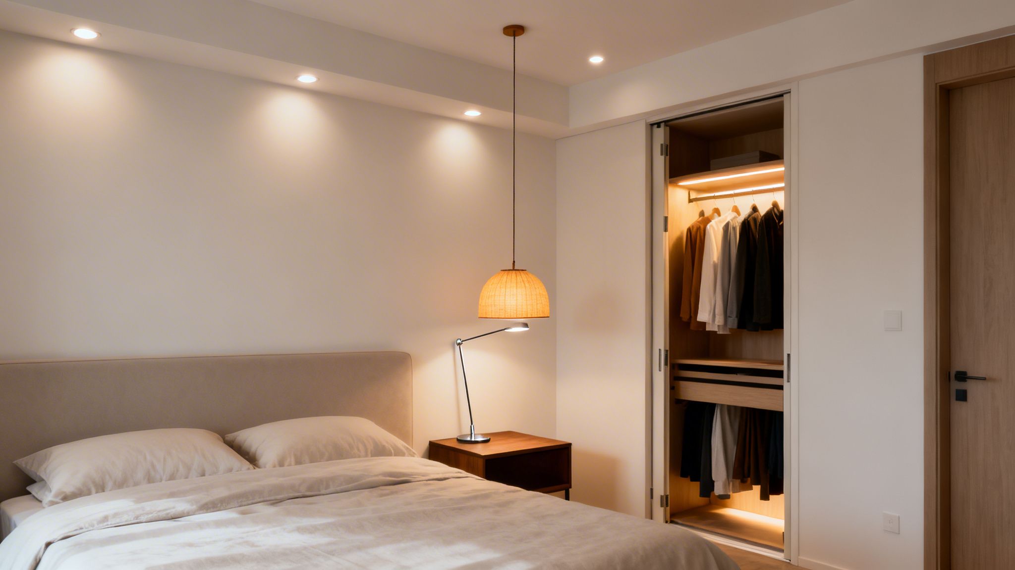 Moderne soveværelse med en seng, et natbord, elegant pendellampe og et oplyst åbent skab.