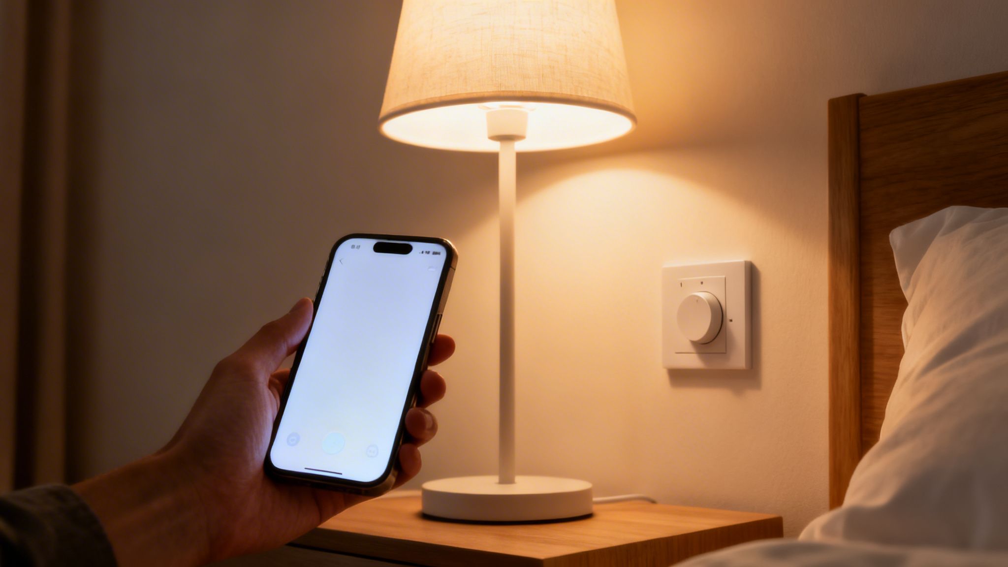 En hånd holder en smartphone, der styrer en smart lampe ved sengen, med en lysdæmperkontakt på væggen.