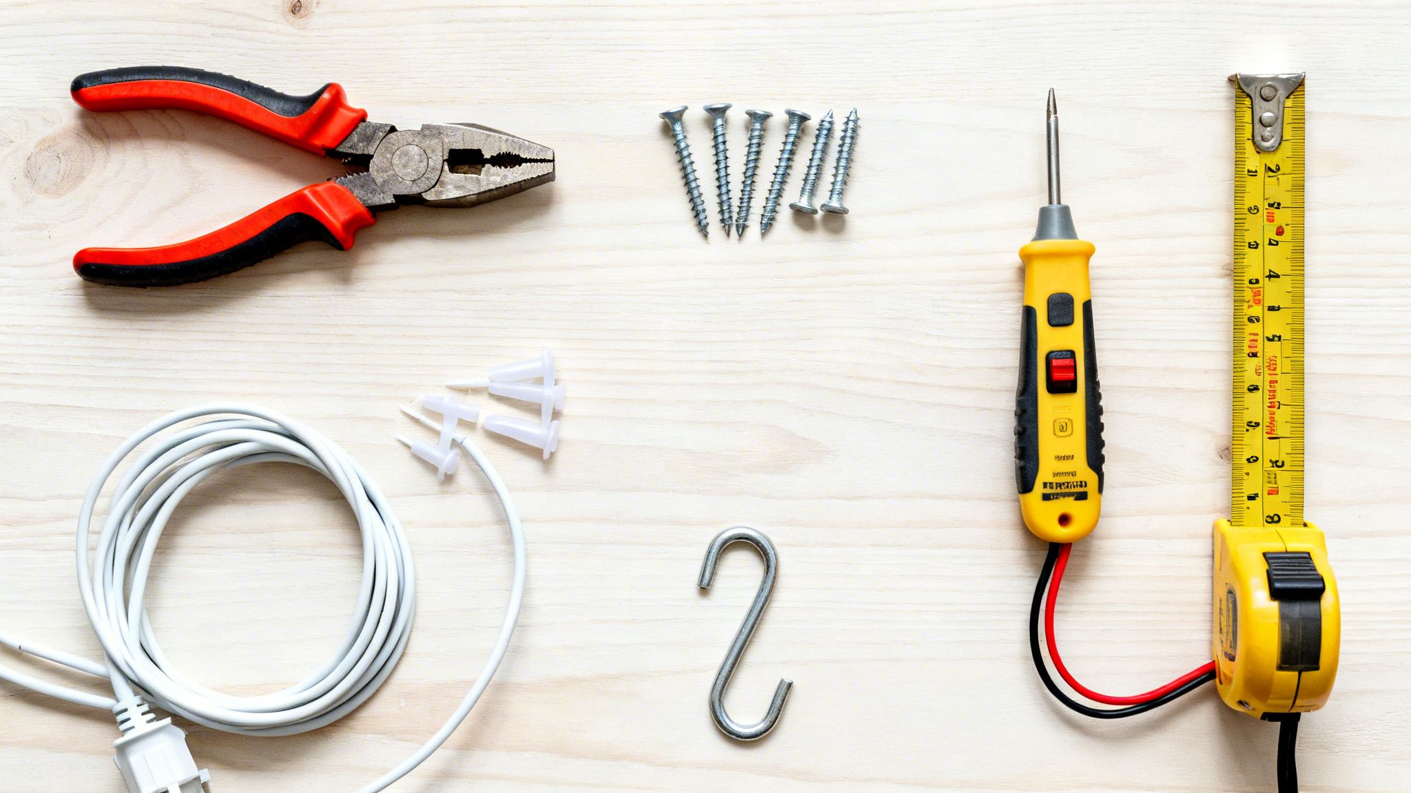 Forskellige værktøjer og monteringsudstyr til lamper, herunder tang, skruer, målebånd, kabel og ankre.
