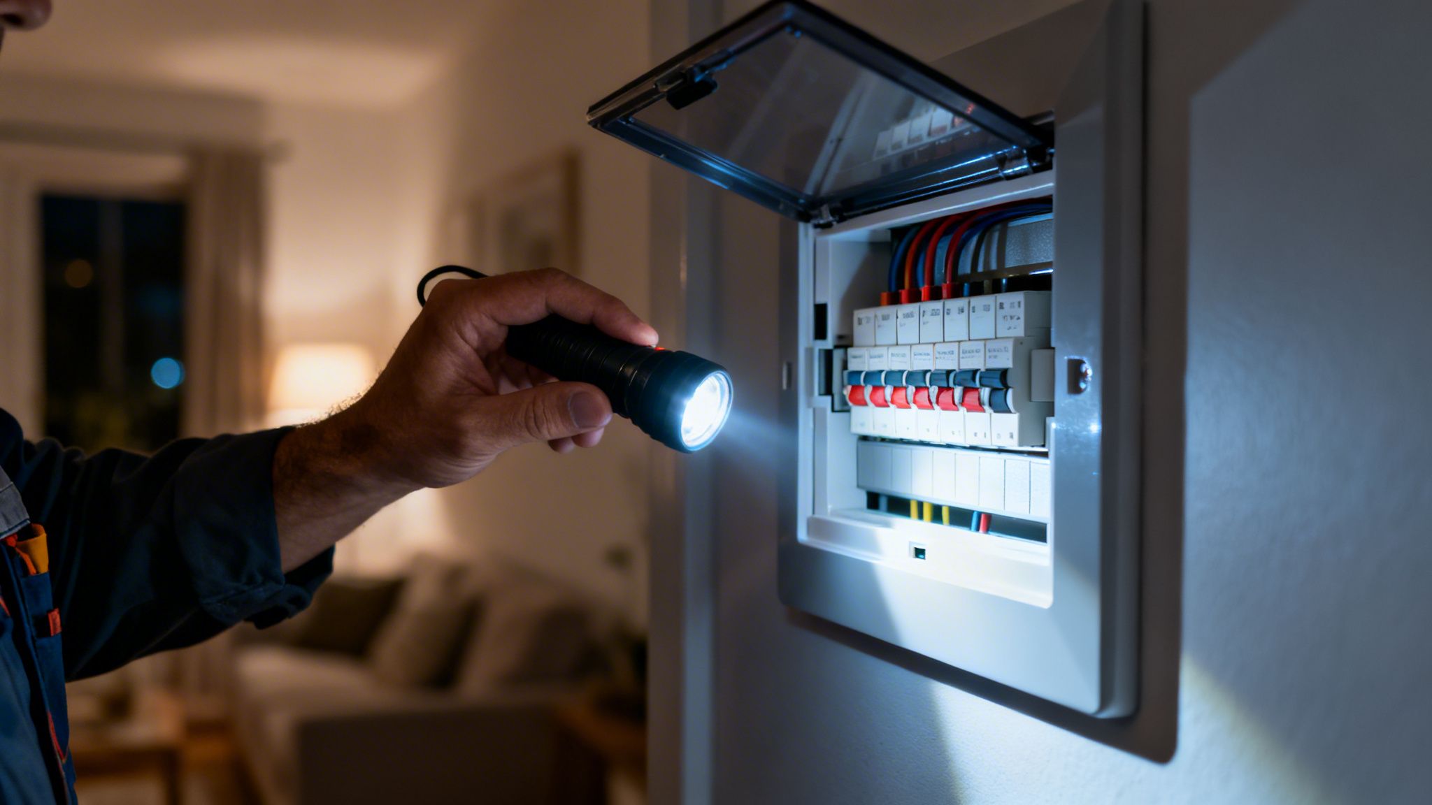 En elektriker der undersøger et sikringsskab med en lommelygte i et mørkt hjem med dårlig belysning.