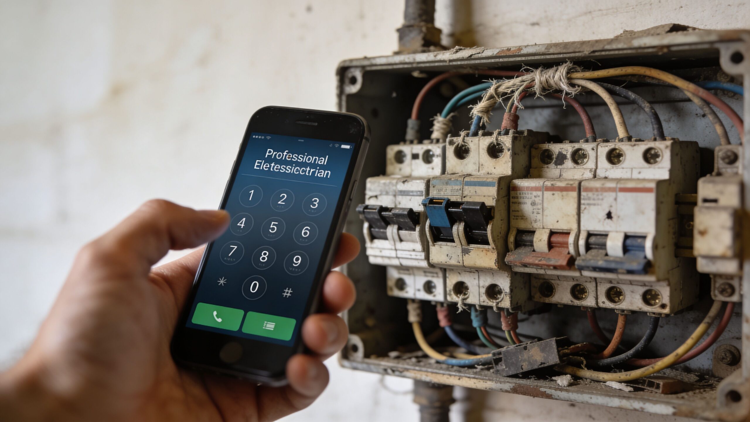 En person ringer til en professionel elektriker for at få hjælp med et defekt elektrisk sikringsskab.