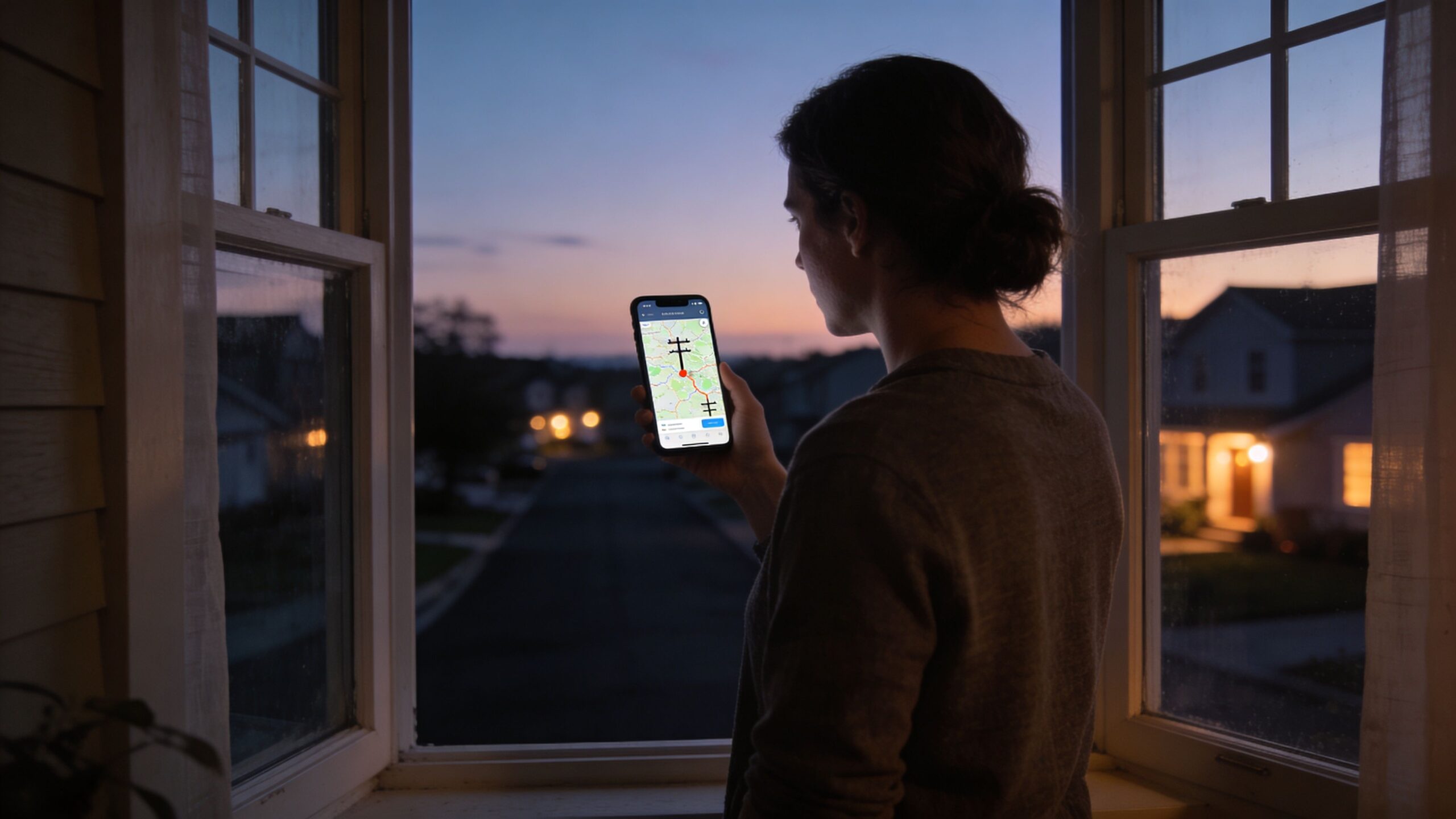 En kvinde ser på en kort-app på sin telefon foran et vindue under en strømafbrydelse ved solnedgang.