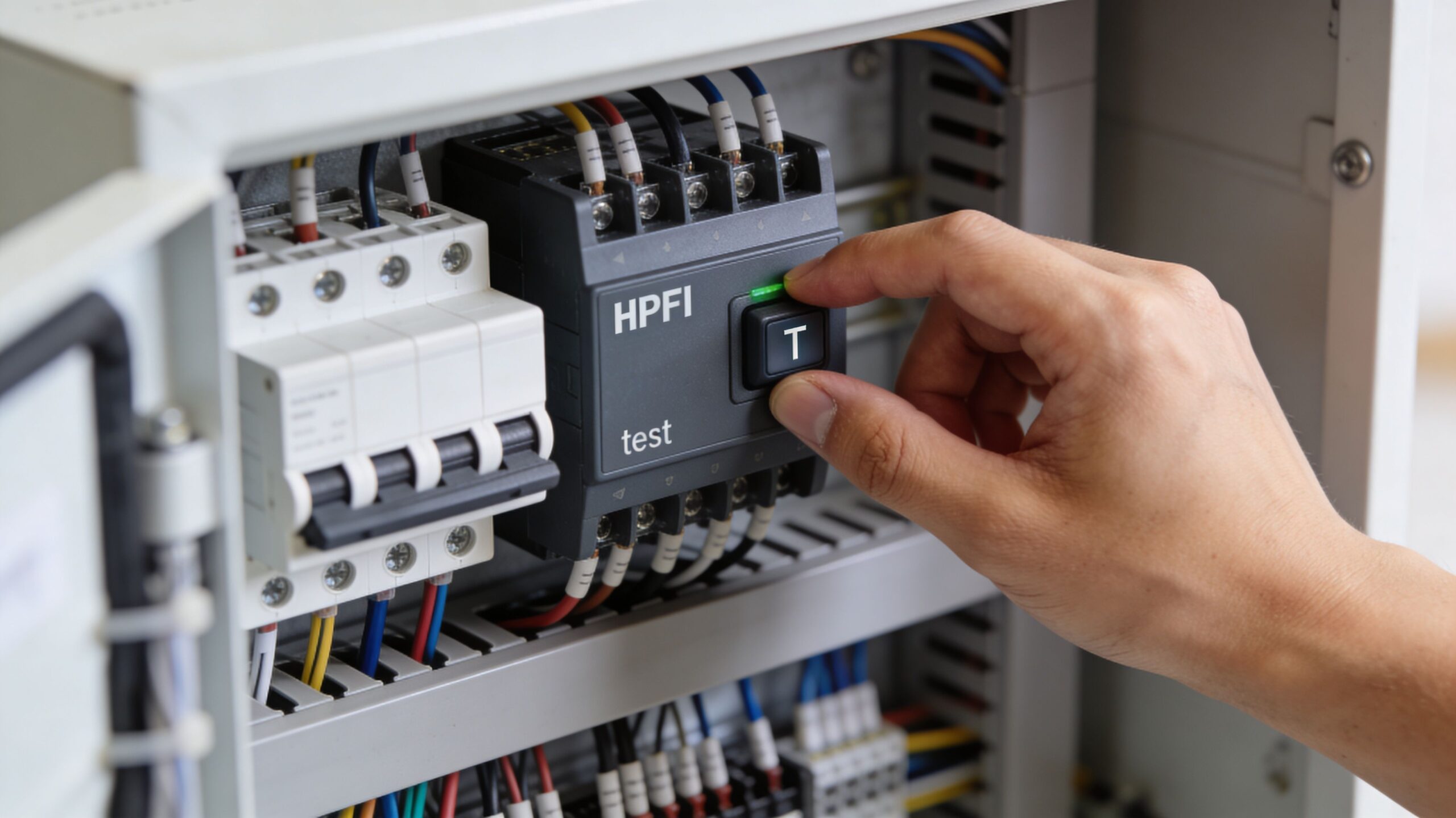 En hånd der trykker på testknappen på et HPFI-relæ monteret i en elektrisk tavle med ledninger.