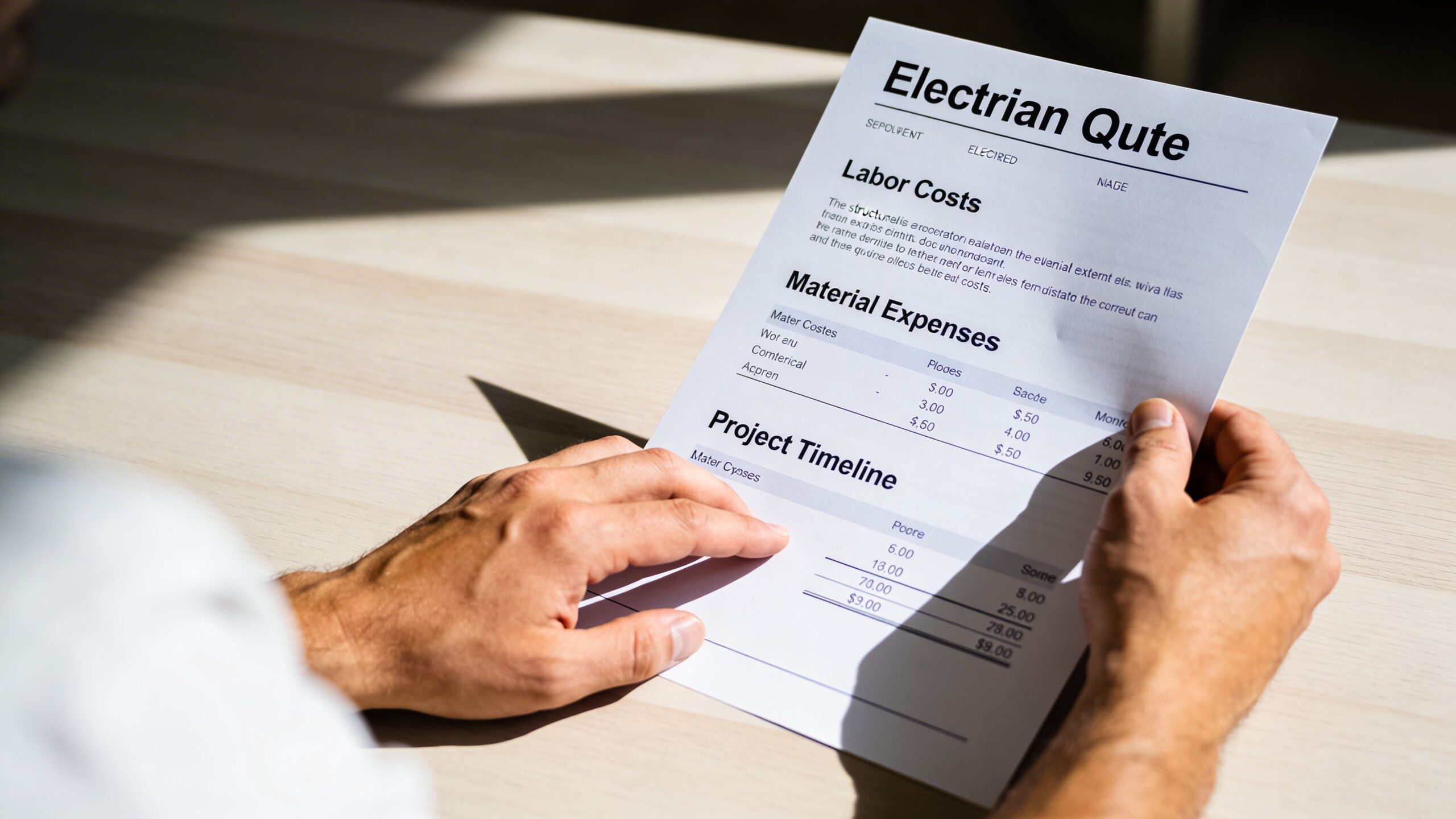 En person holder et dokument med titlen Elektriker tilbud, som viser overblik over omkostninger og projekt tidslinje.