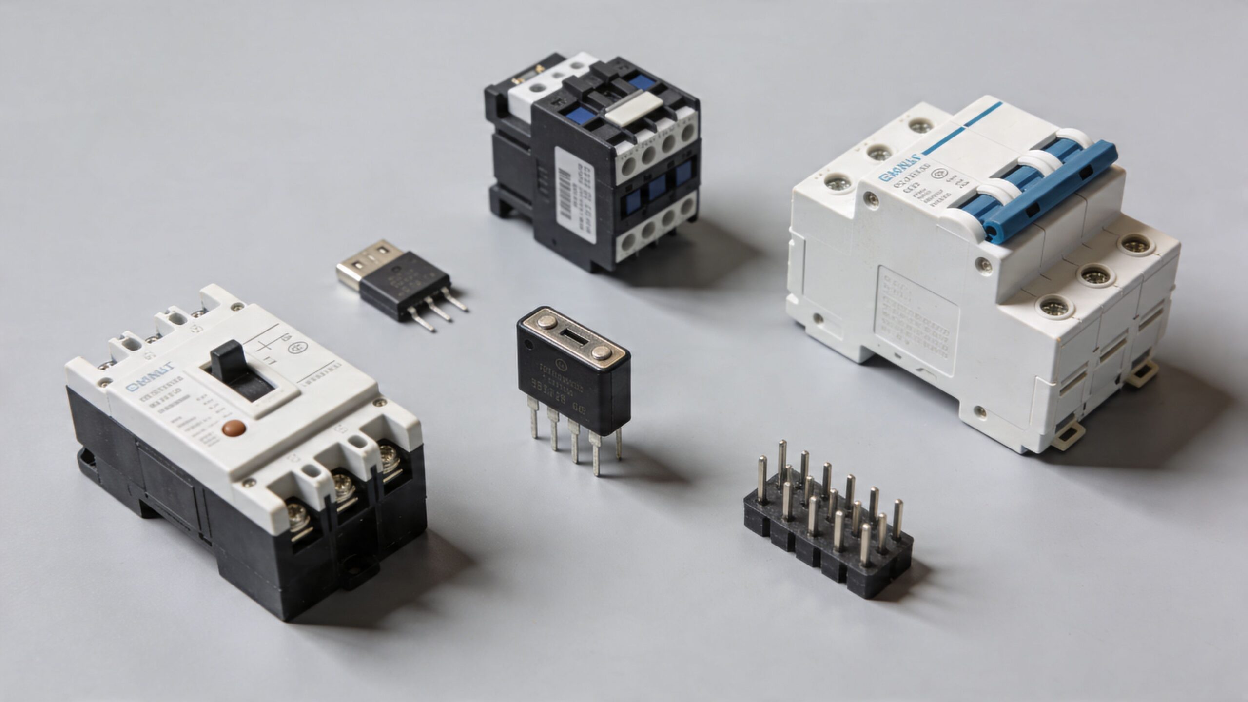 Et udvalg af elektriske komponenter inklusive afbrydere, relæer og elektroniske stik på en neutral grå baggrund.