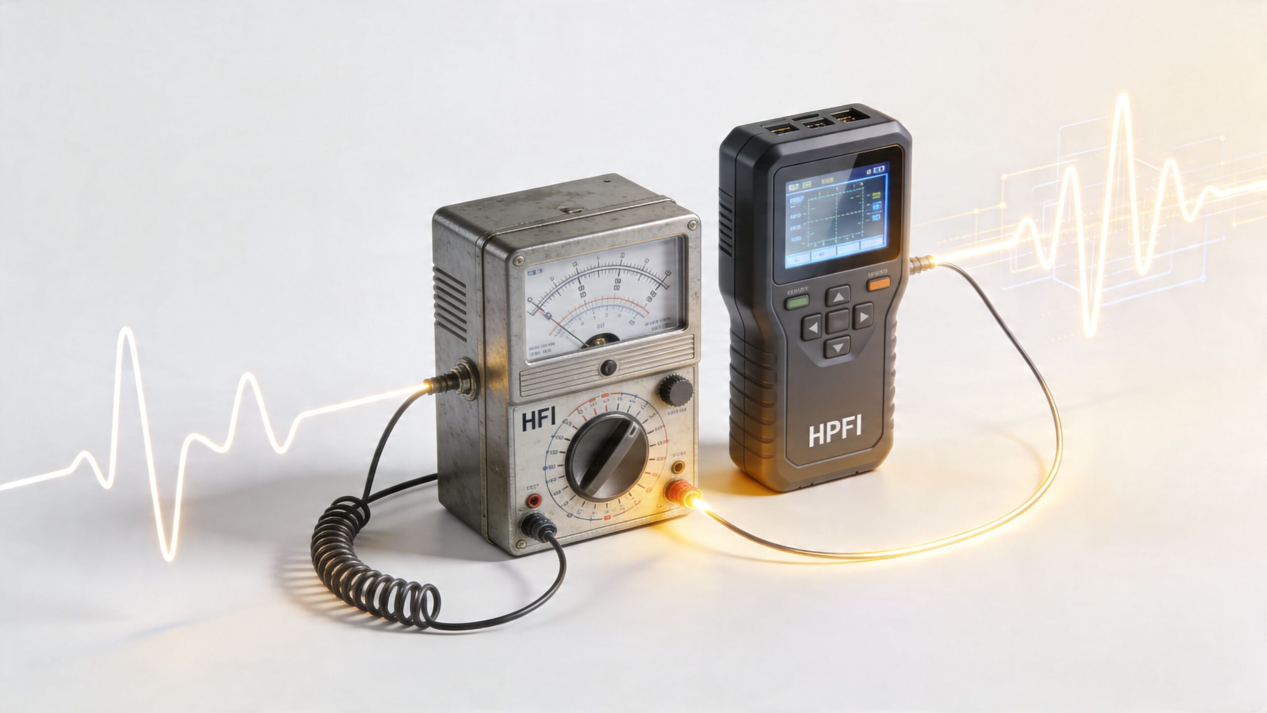 Et gammelt analogt måleinstrument og et moderne digitalt HPFI-relæ udstyr forbundet med elektriske bølgeformer på hvid baggrund.