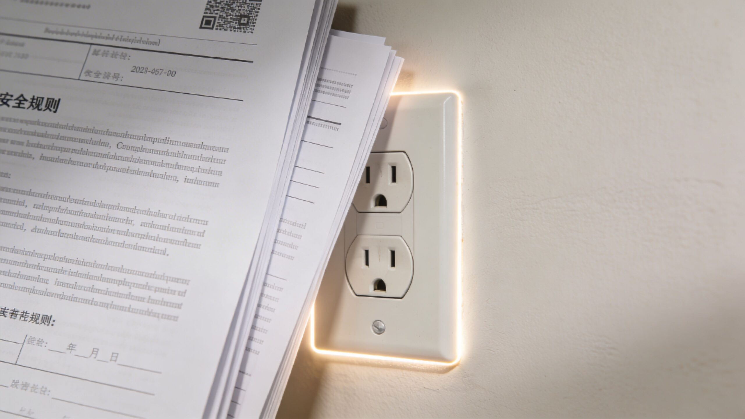 En hvid stikkontakt på en væg ved siden af en stak papirer med tekst på kinesisk.