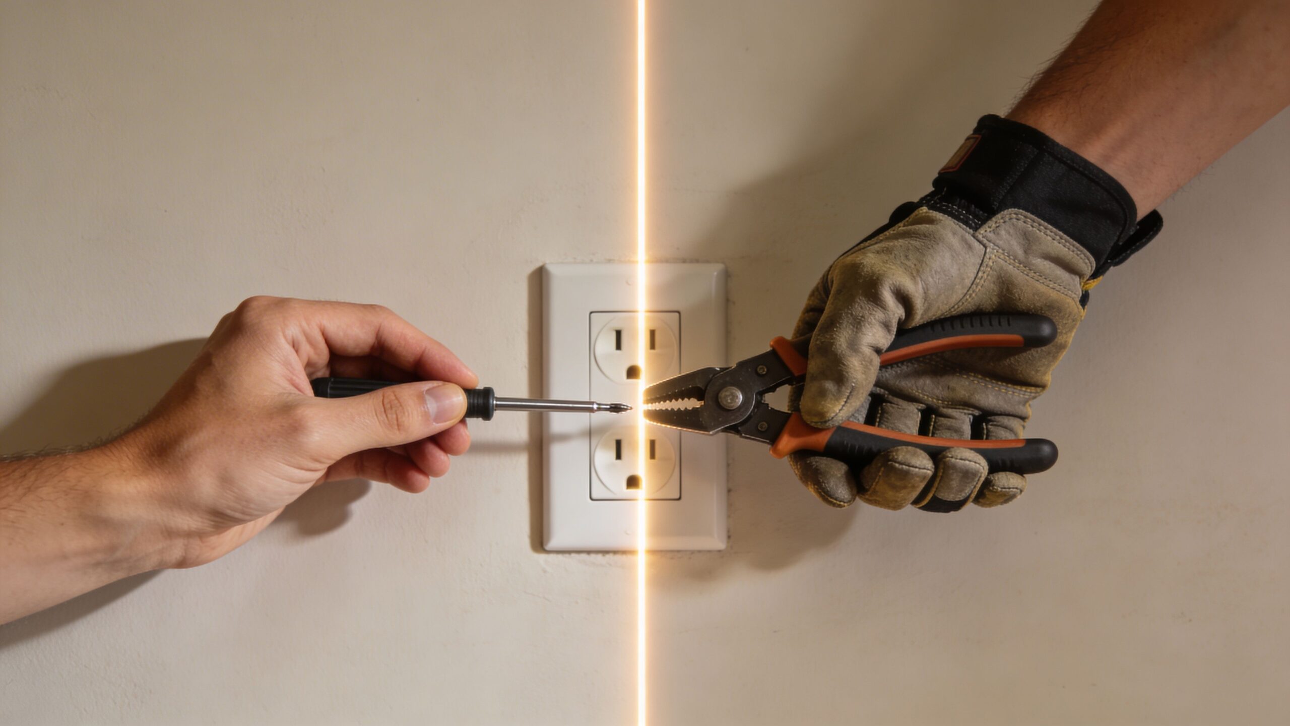 To hænder med værktøj der nærmer sig en stikkontakt, symboliserer elektrisk sikkerhed og vedligeholdelse af stikkontakter i hjemmet.