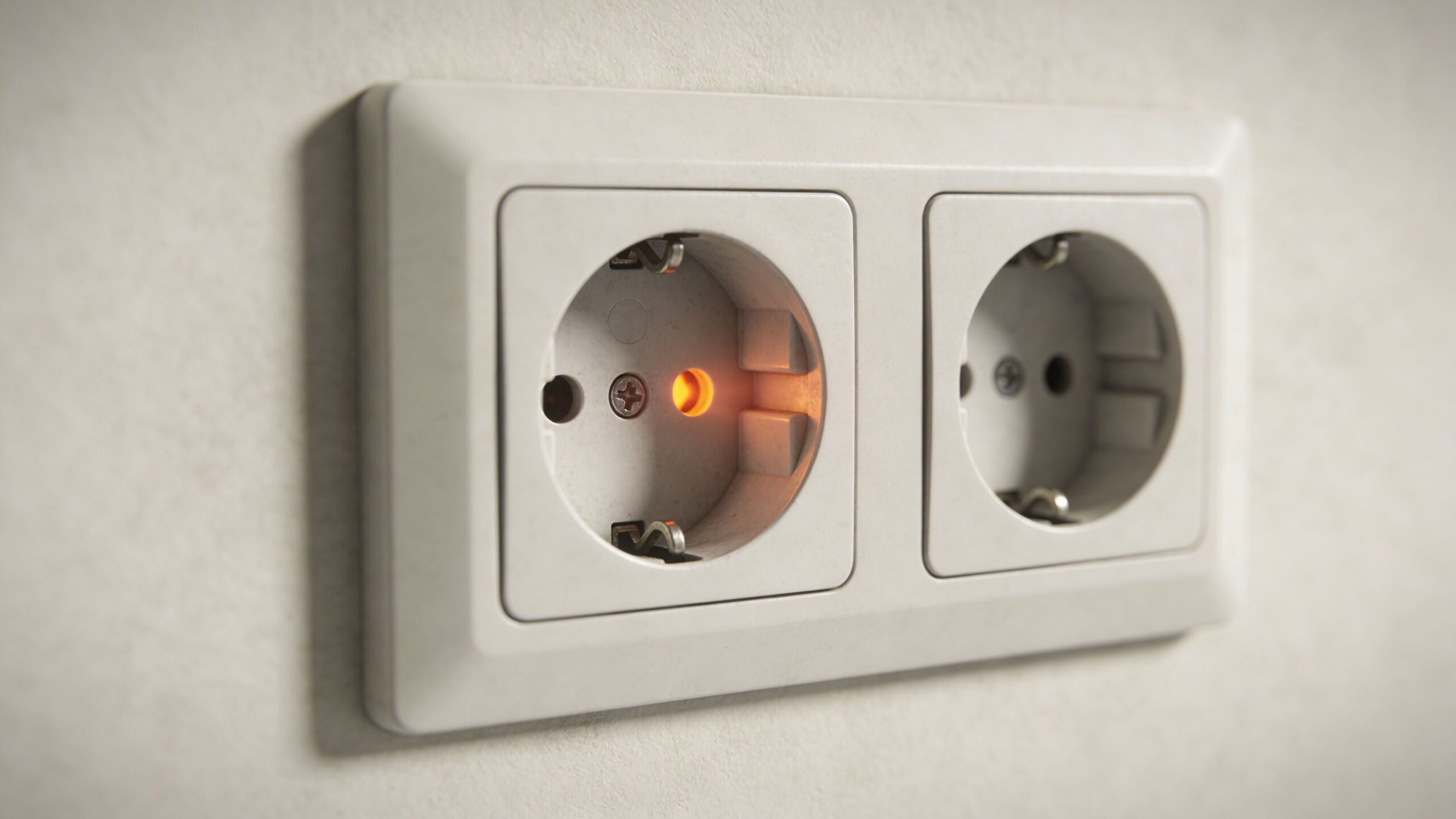 En dobbelt hvid stikkontakt monteret på en væg, hvor den ene kontakt lyser med et advarende orange lys.