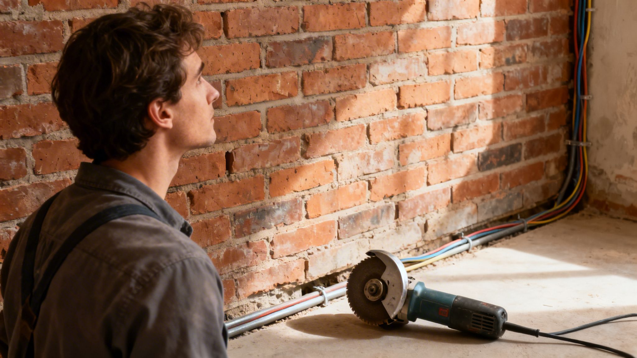 En mandlig arbejder ser på en murstensvæg ved siden af en elektrisk vinkelsliber på et byggepladsgulv.