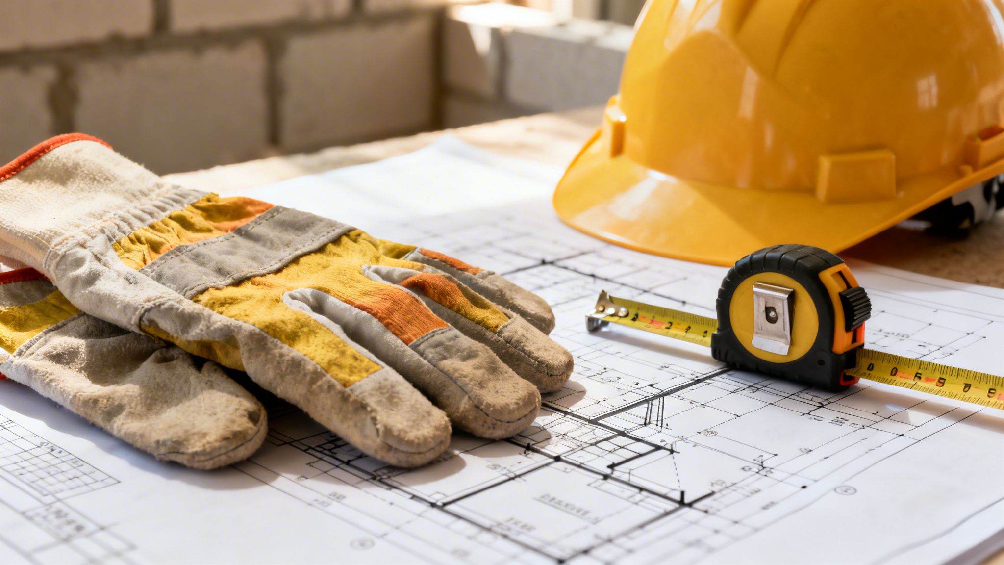 En gul byggehjelm, beskyttelseshandsker og et målebånd placeret oven på en teknisk byggetegning af et hus.