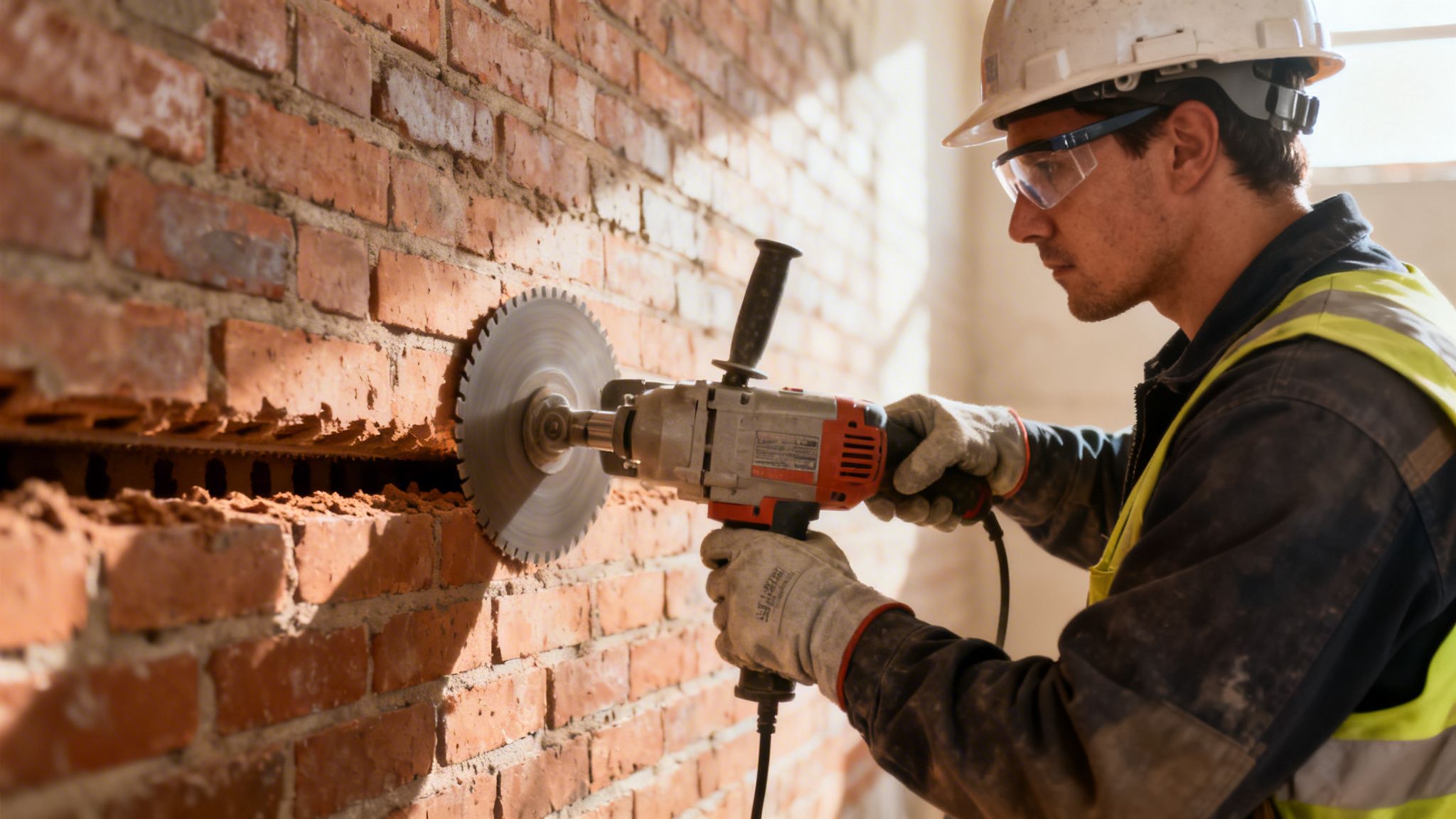 En bygningsarbejder bruger en kraftig rillefræser til at skære en præcis rille i en murstensvæg under renovering.