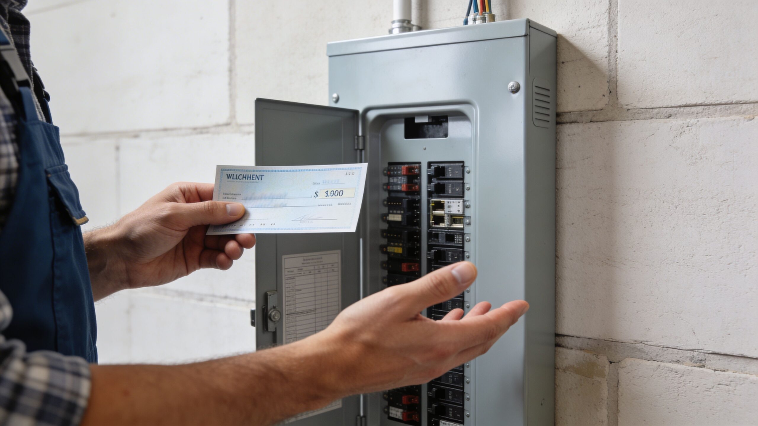 En elektriker holder en check med en lønudbetaling foran et åbent el-tavleskab i et værksted.