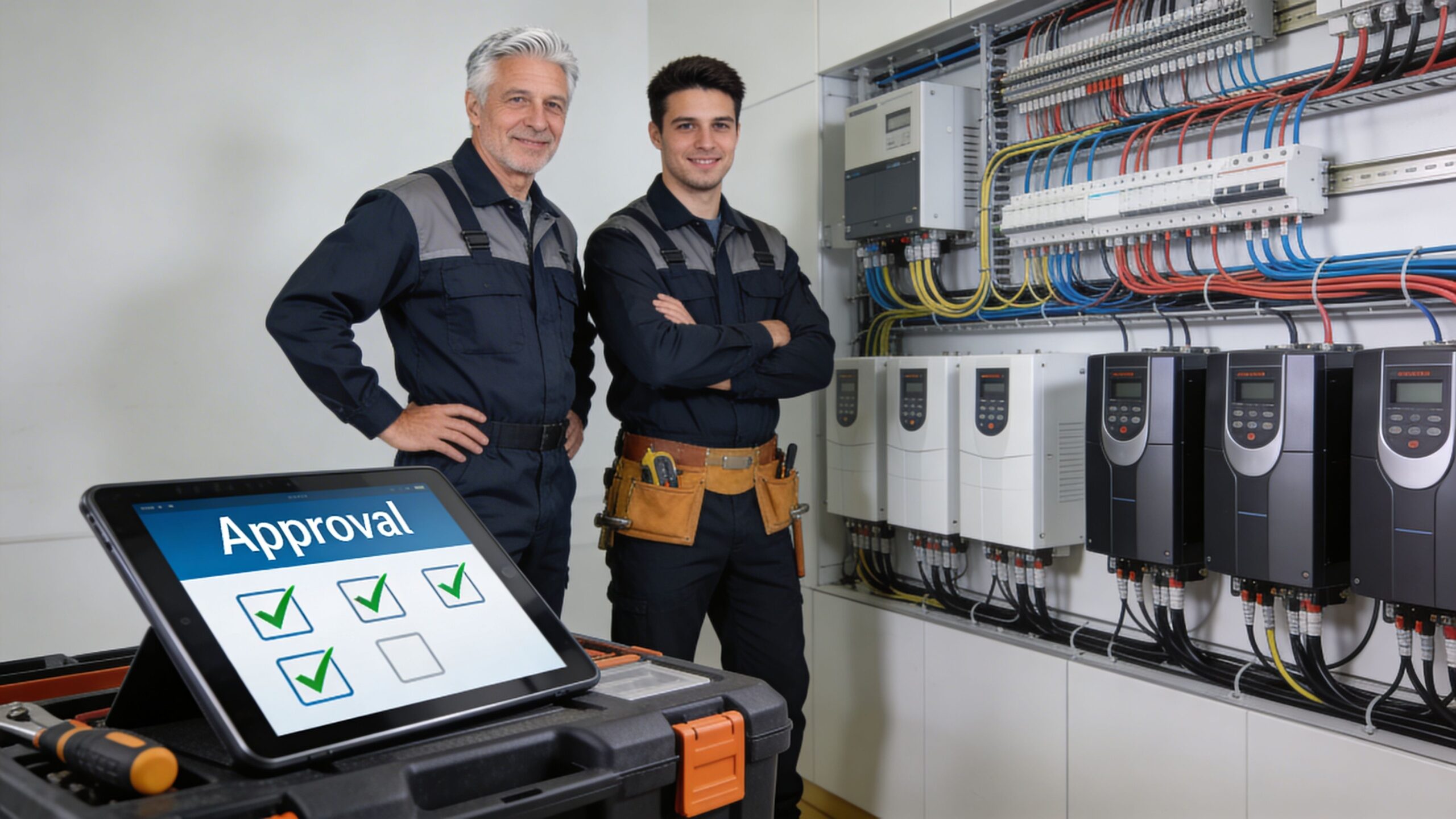 To smilende elektrikere står foran et el-skab med en tablet, der viser en godkendt tjekliste for opgaven.