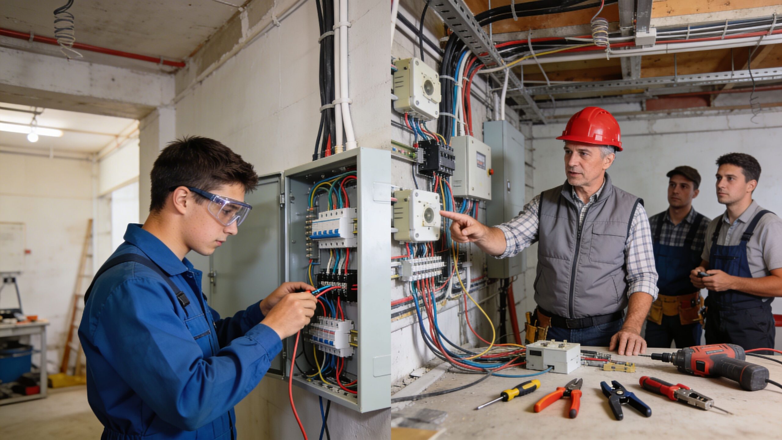 En erfaren elektriker underviser lærlinge i at installere og vedligeholde elektriske systemer på en byggeplads.