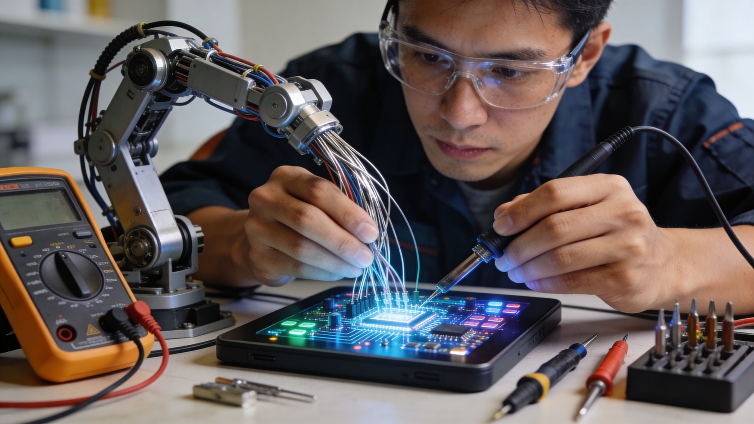 En tekniker arbejder på et avanceret printkort ved hjælp af en robotarm og præcisionsværktøj i et moderne laboratorium.