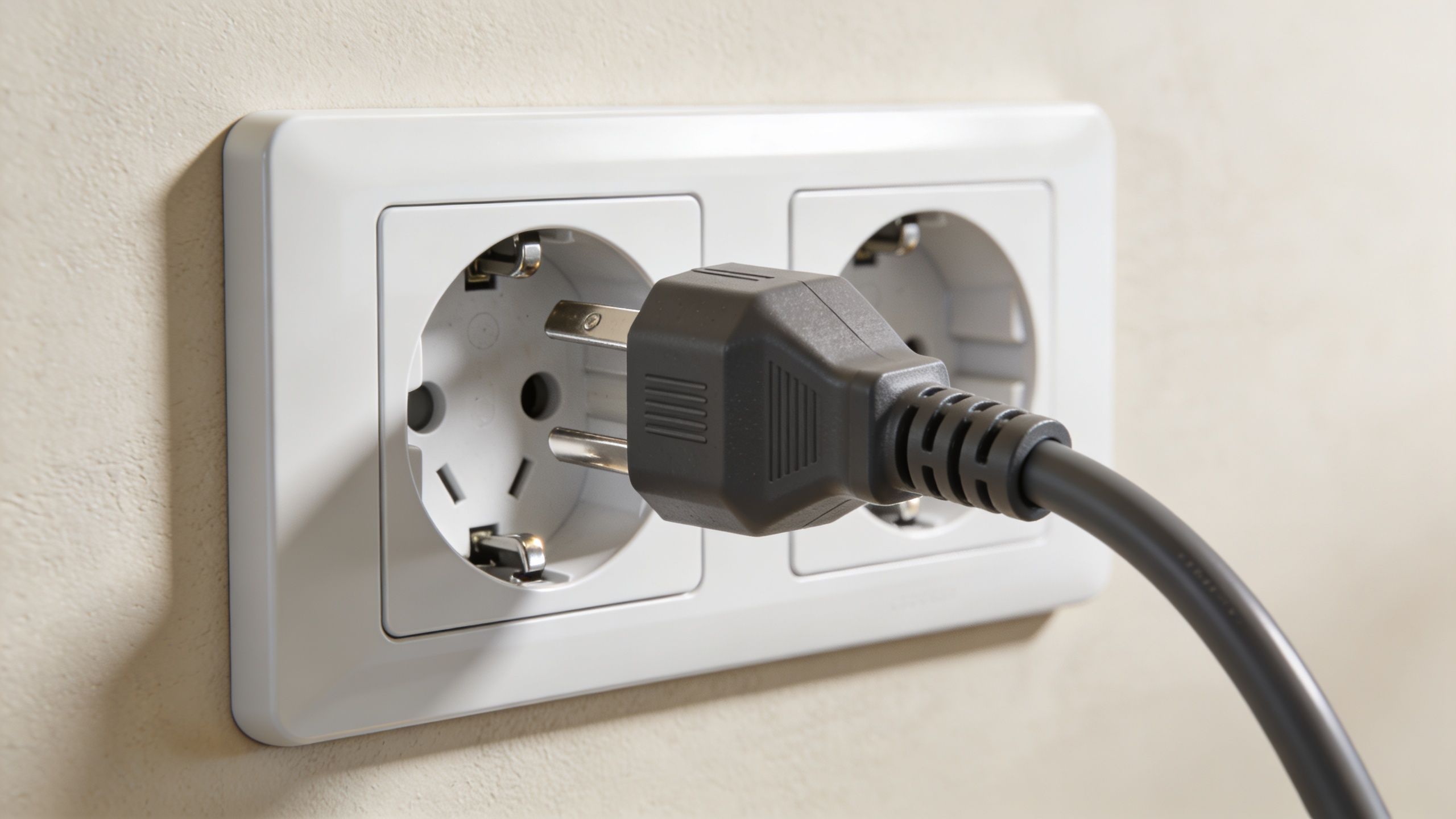 Et sort elektrisk stik sat i en hvid dobbelt stikkontakt på en lysegrå væg.