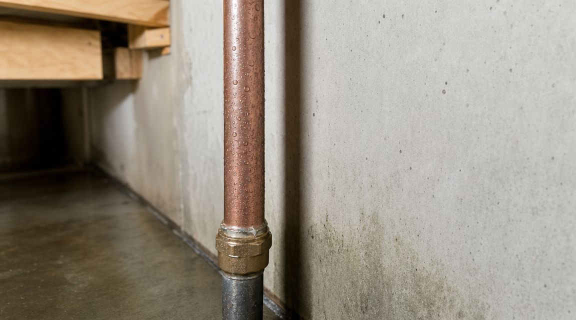 Kobberrør med kondensvand monteret ved en betonvæg i en kælder med tegn på fugtproblemer.