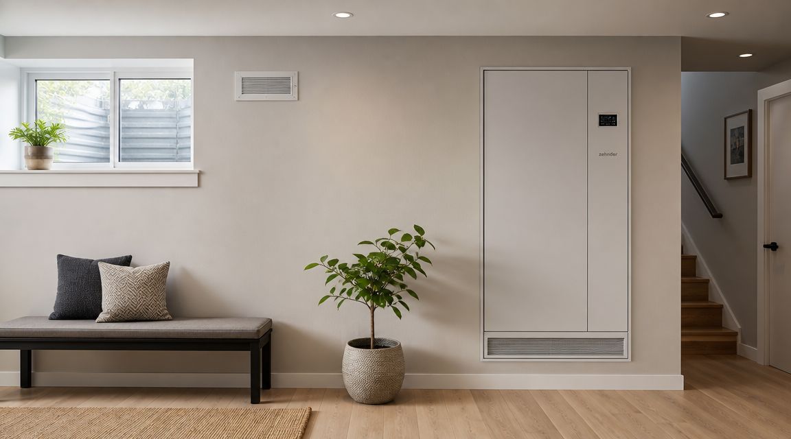 Et moderne ventilationsanlæg fra Zehnder monteret på en væg i en indrettet kælder med bænk og planter.