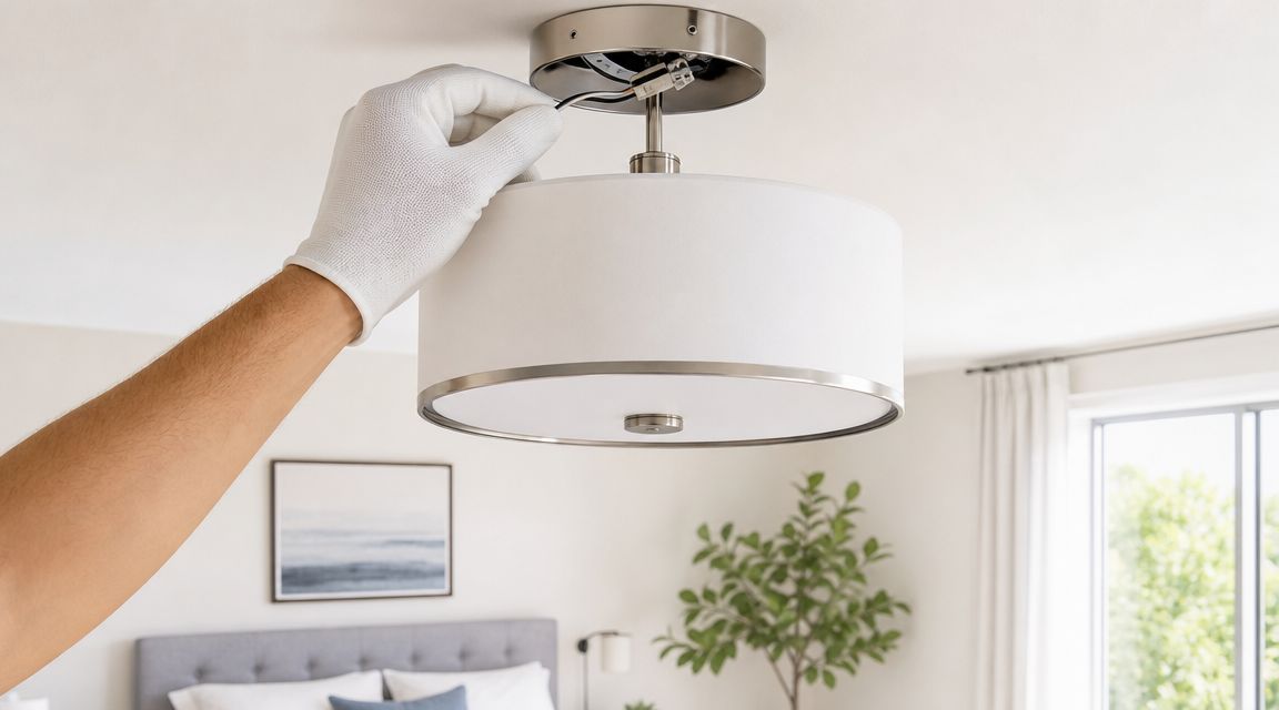 En person med hvide handsker monterer en moderne hvid loftlampe i et lyst soveværelse i hjemmet.