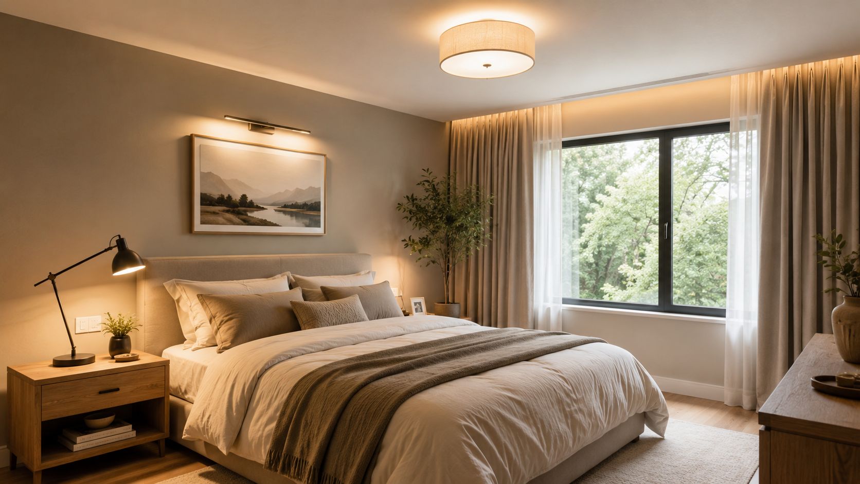 Moderne og hyggeligt soveværelse med beige nuancer, blød belysning, dobbeltseng, gardiner og en stor vindueskarm med grøn udsigt.
