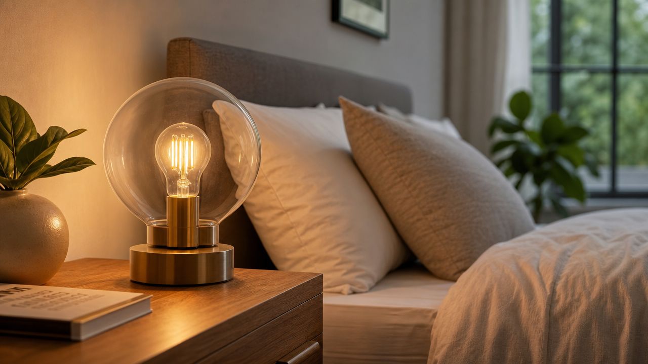 En elegant bordlampe med en glaskugle og en glødepære placeret på et natbord i et soveværelse.