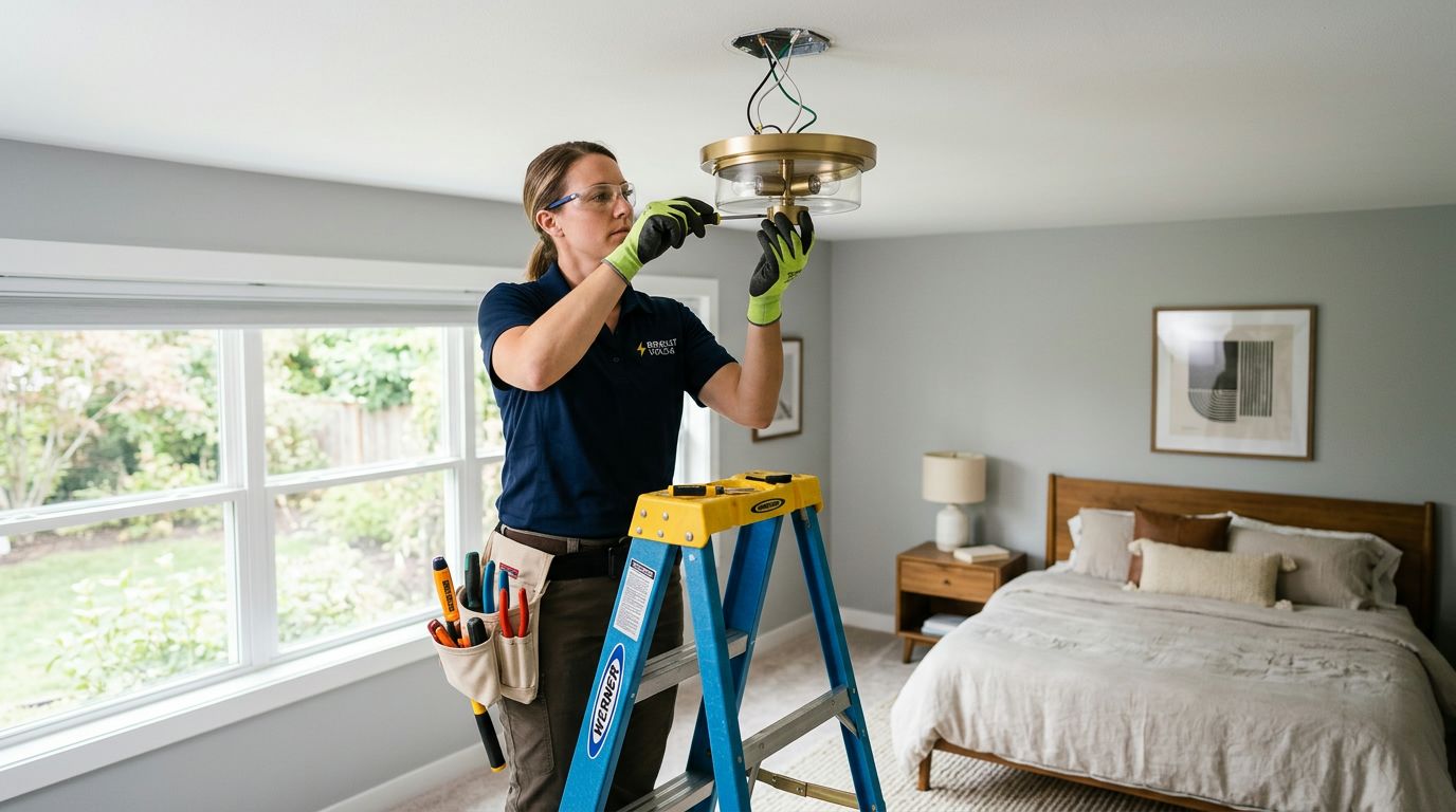 En kvindelig elektriker står på en stige og monterer en moderne loftlampe i et soveværelse.
