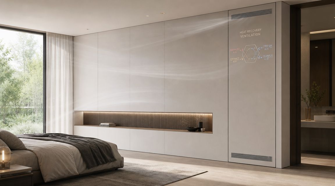 Moderne soveværelse med et integreret ventilationssystem med varmegenvinding, der sikrer frisk luft og et sundt indeklima.
