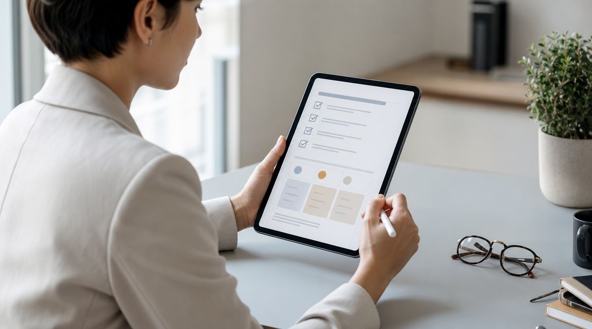 En forretningskvinde sidder ved et skrivebord og bruger en tablet til at gennemse en digital tjekliste.
