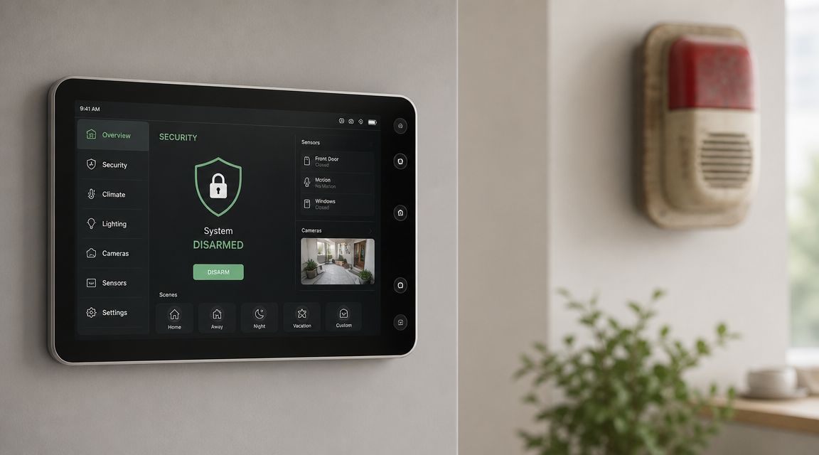 Et moderne vægmonteret touch-display til styring af alarmsystem og smarte funktioner i et kontor eller hjem.