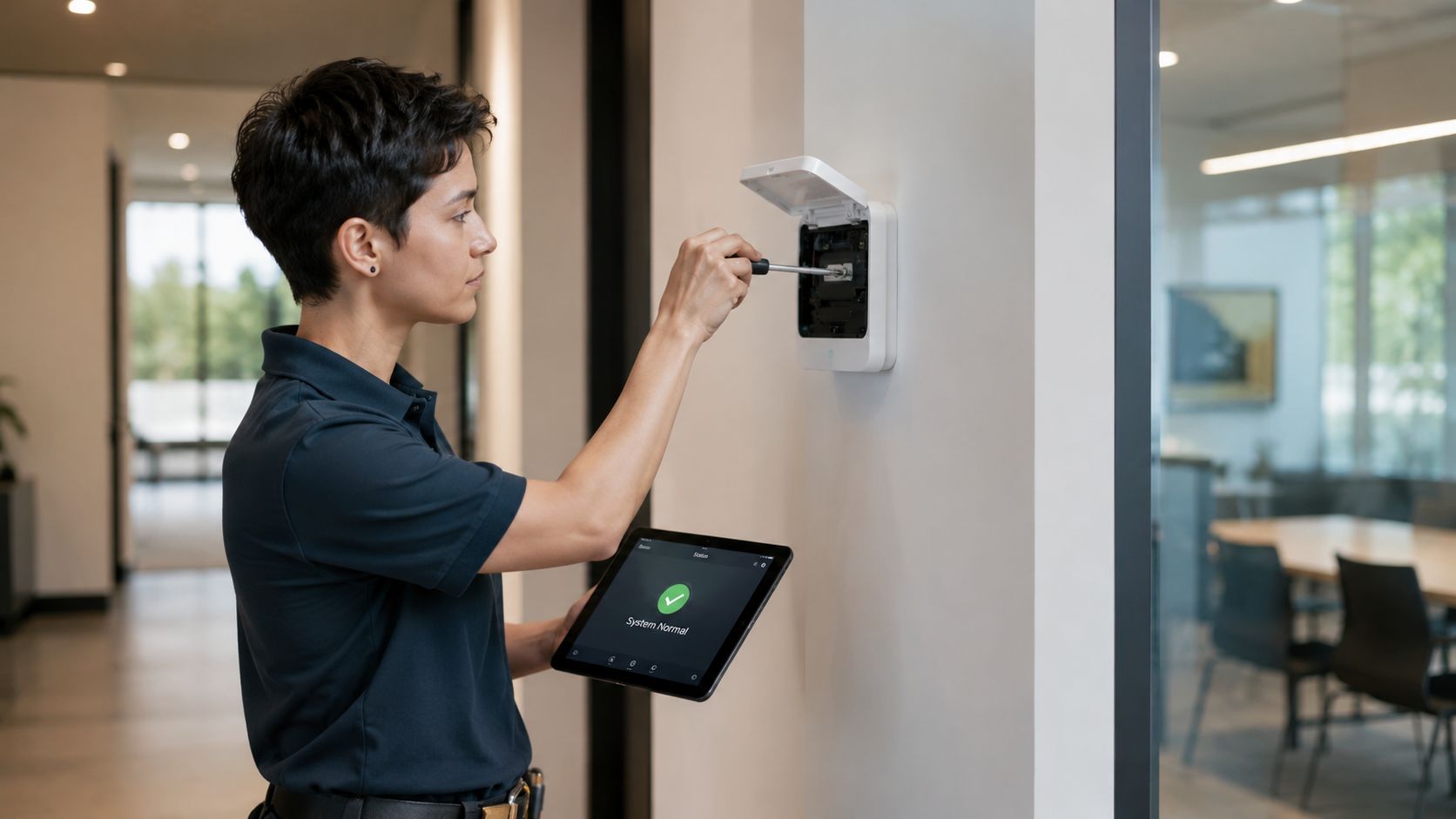 En tekniker foretager vedligeholdelse af et moderne alarmsystem til erhverv, mens hun holder en tablet med systemstatus.