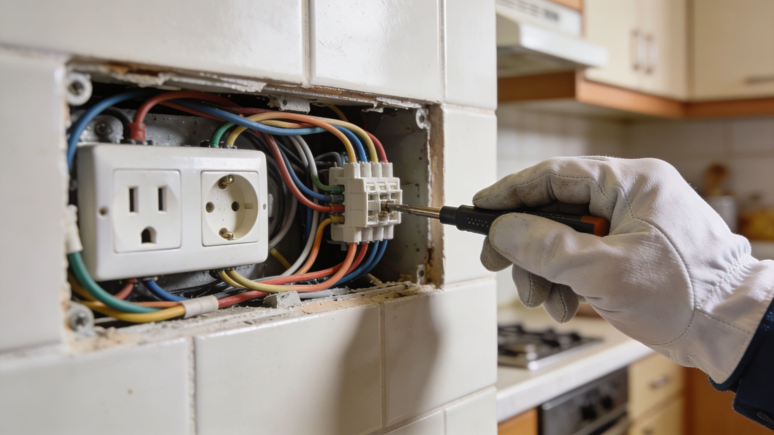 En elektriker installerer et elektrisk stik i en køkkenvæg med fliser og bruger en skruetrækker.
