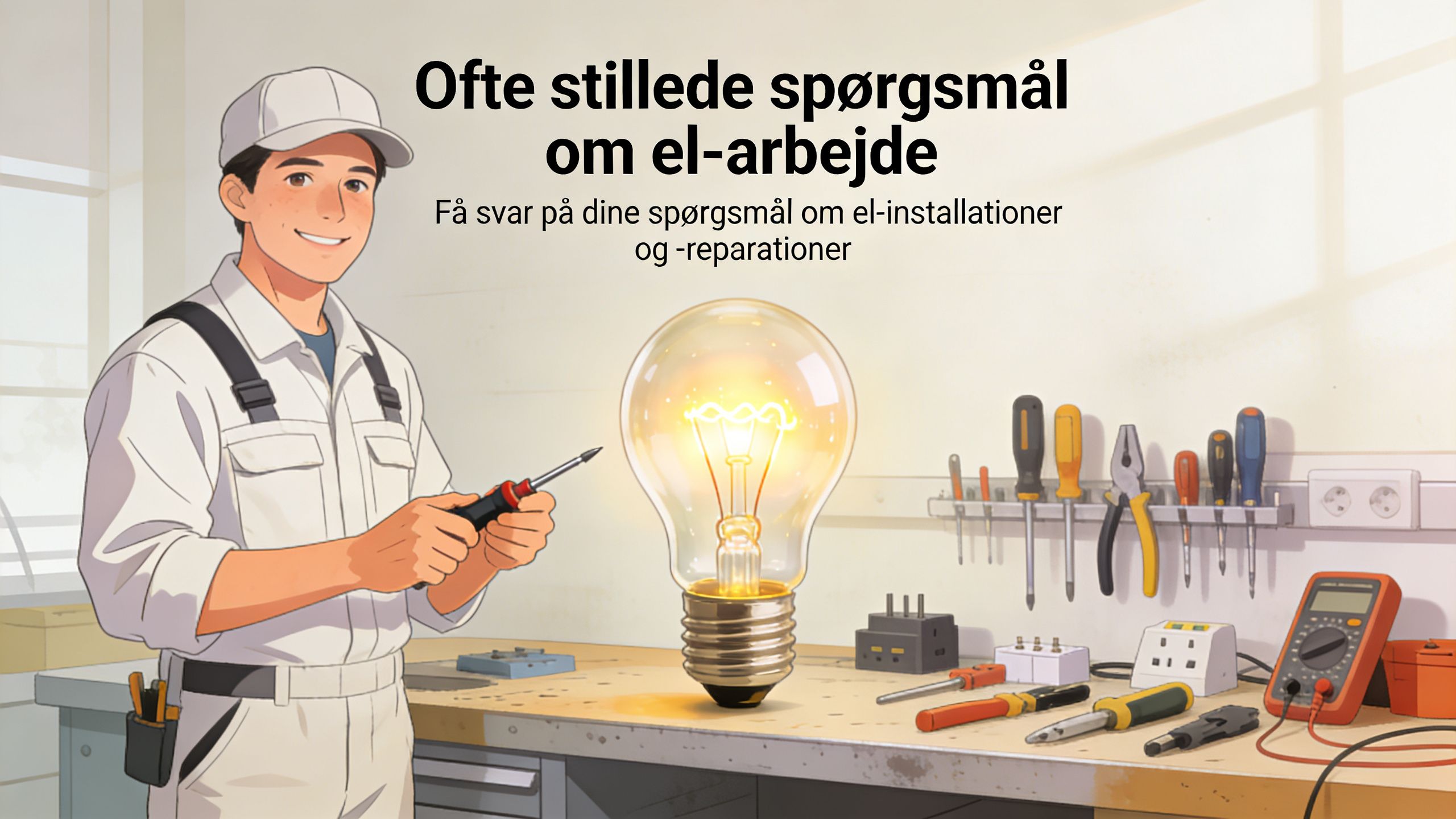 En smilende el-installatør med en skruetrækker står ved et arbejdsbord med værktøj og en lysende elpære.