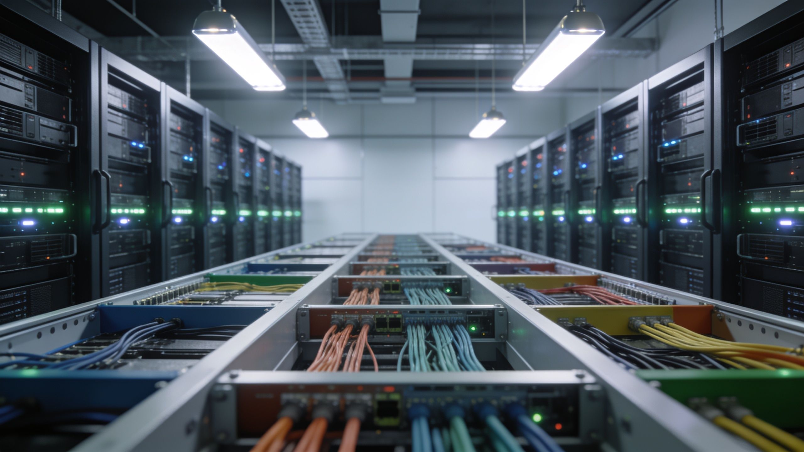 Et moderne serverrum med rack-skabe og farverige netværkskabler, der illustrerer avanceret infrastruktur og teknisk vedligeholdelse.