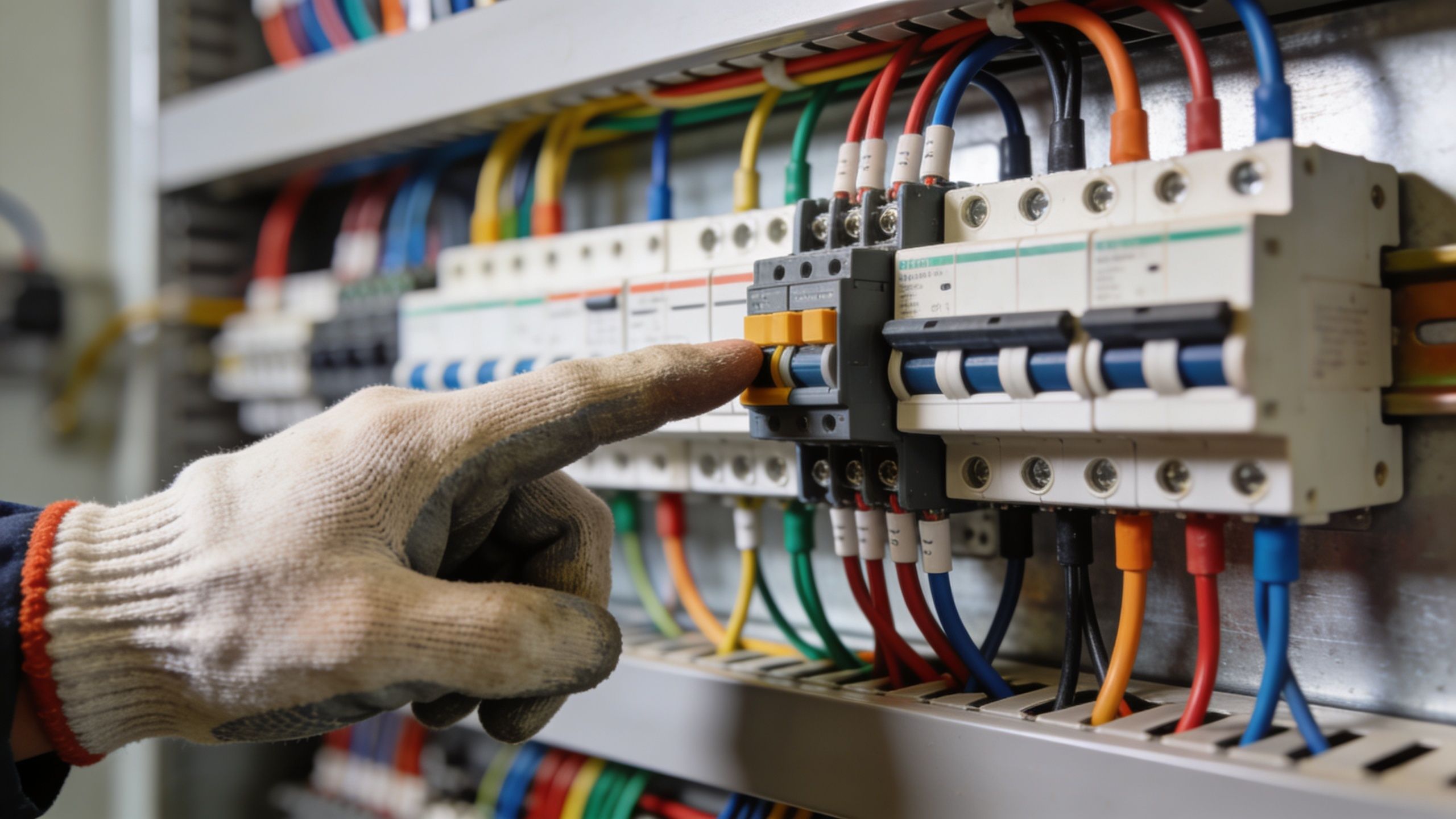 En elektriker i arbejdshandsker kontrollerer en elektrisk afbryder i et tavleanlæg med mange farverige kabler.