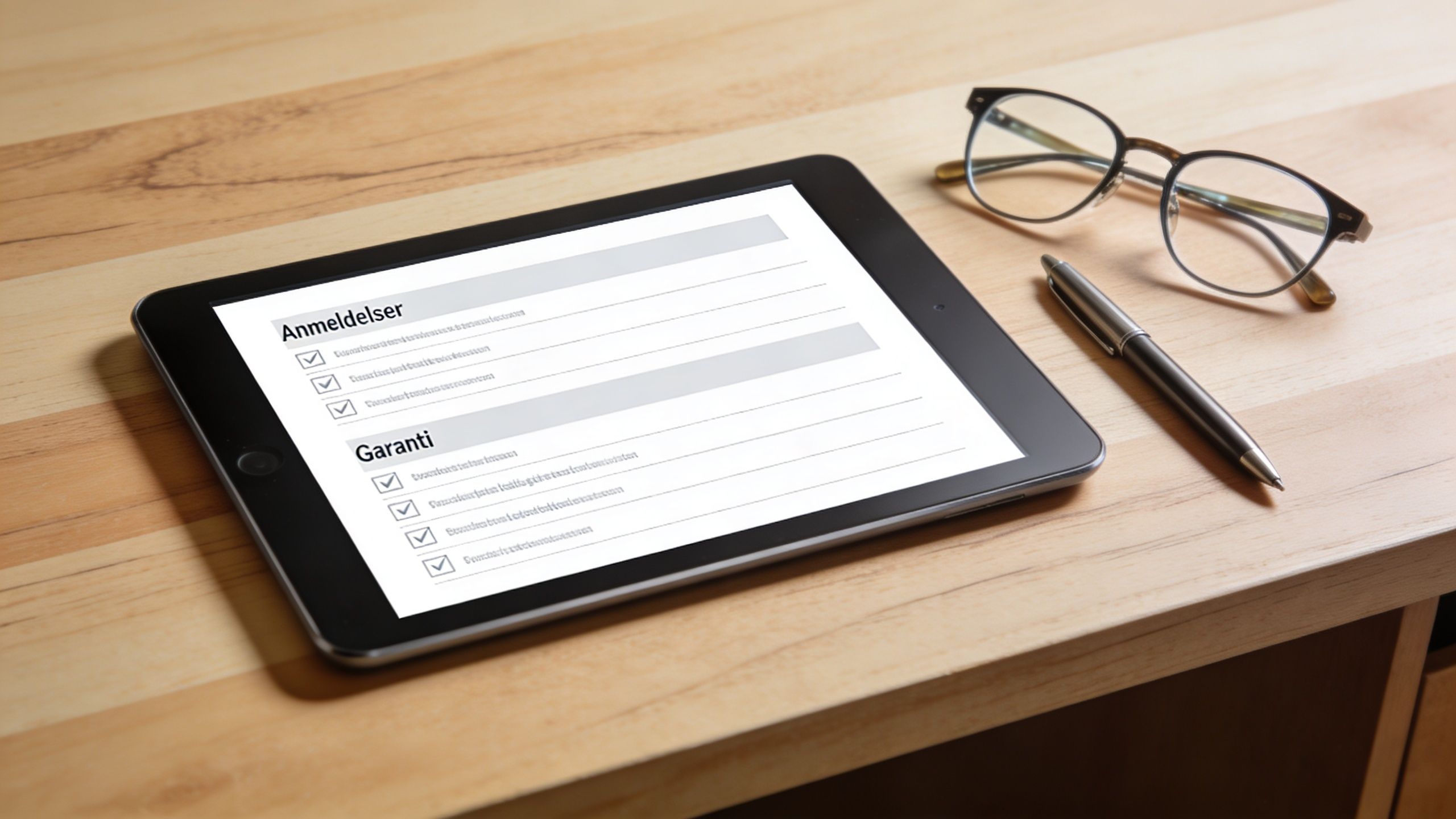 En tablet på et træbord viser en digital formular med overskrifterne Anmeldelser og Garanti til el-installationer.