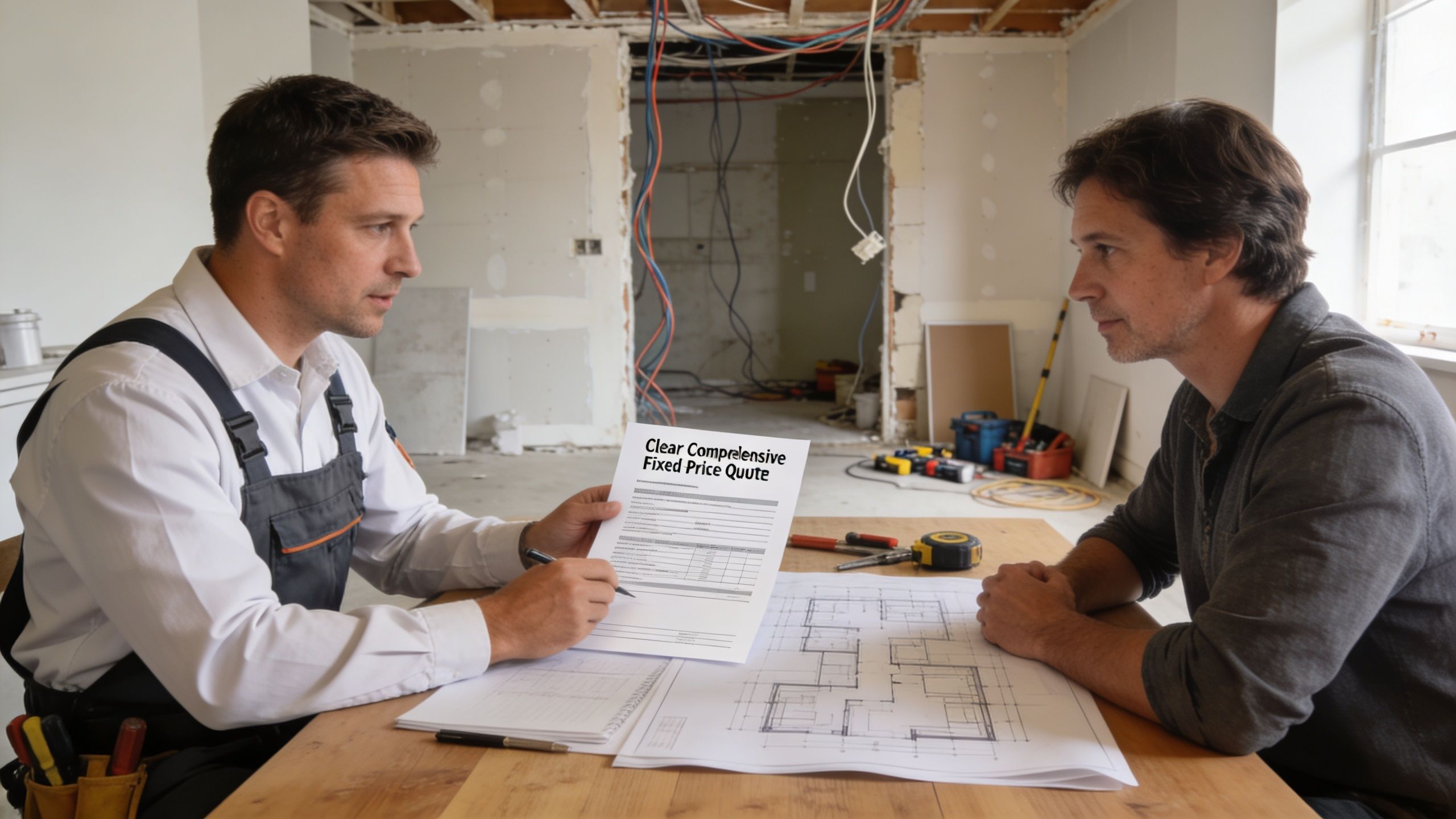 En elektriker præsenterer et fast pristilbud for en kunde i et hus under renovering.