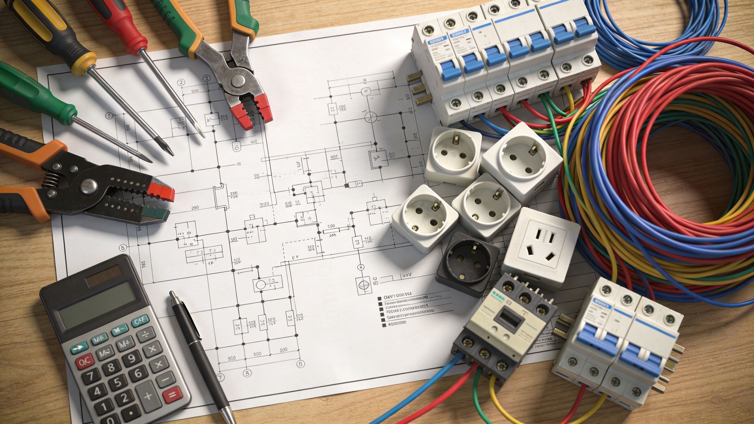 Et bord med elektriske komponenter, værktøj, ledninger og en tegning til brug for professionelt elektrikerarbejde.