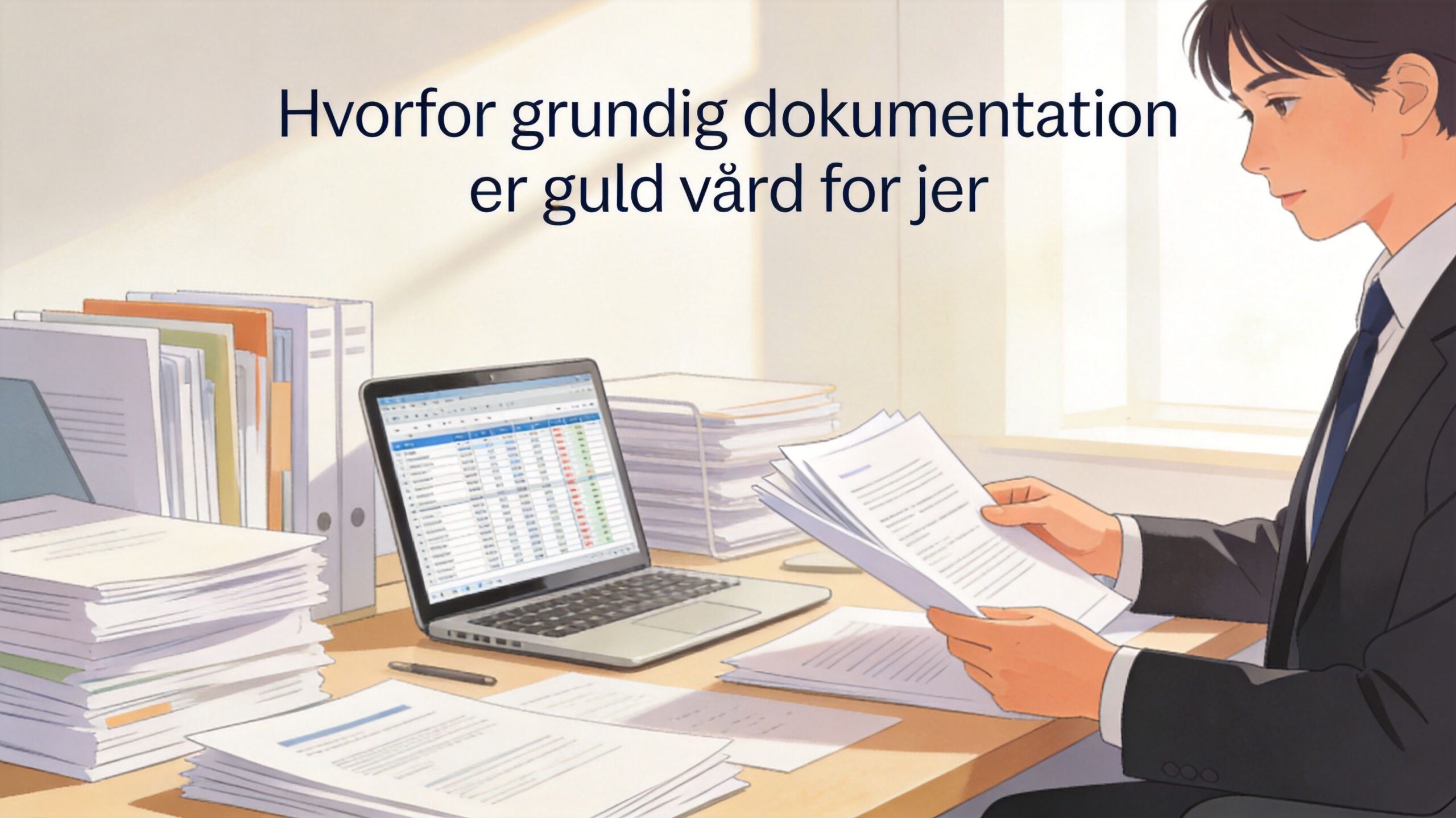 En forretningsmand sidder ved et skrivebord med mange dokumenter og en bærbar computer, der viser regneark.