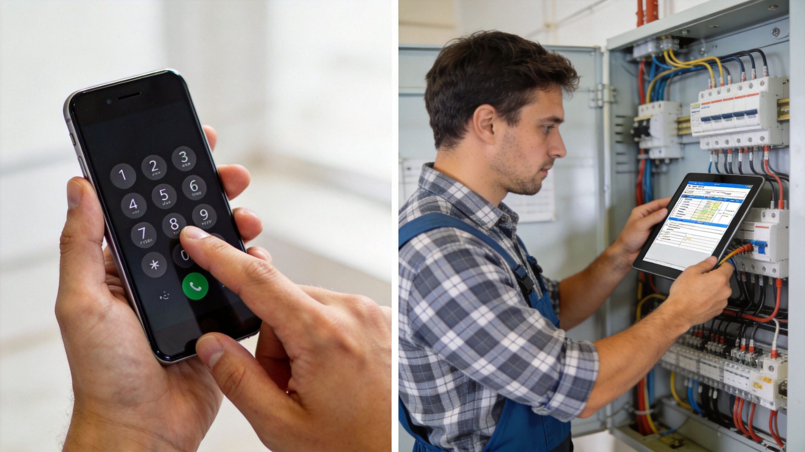 En elektriker i Valby bruger sin telefon og en tablet til at inspicere et elektrisk kontrolpanel.