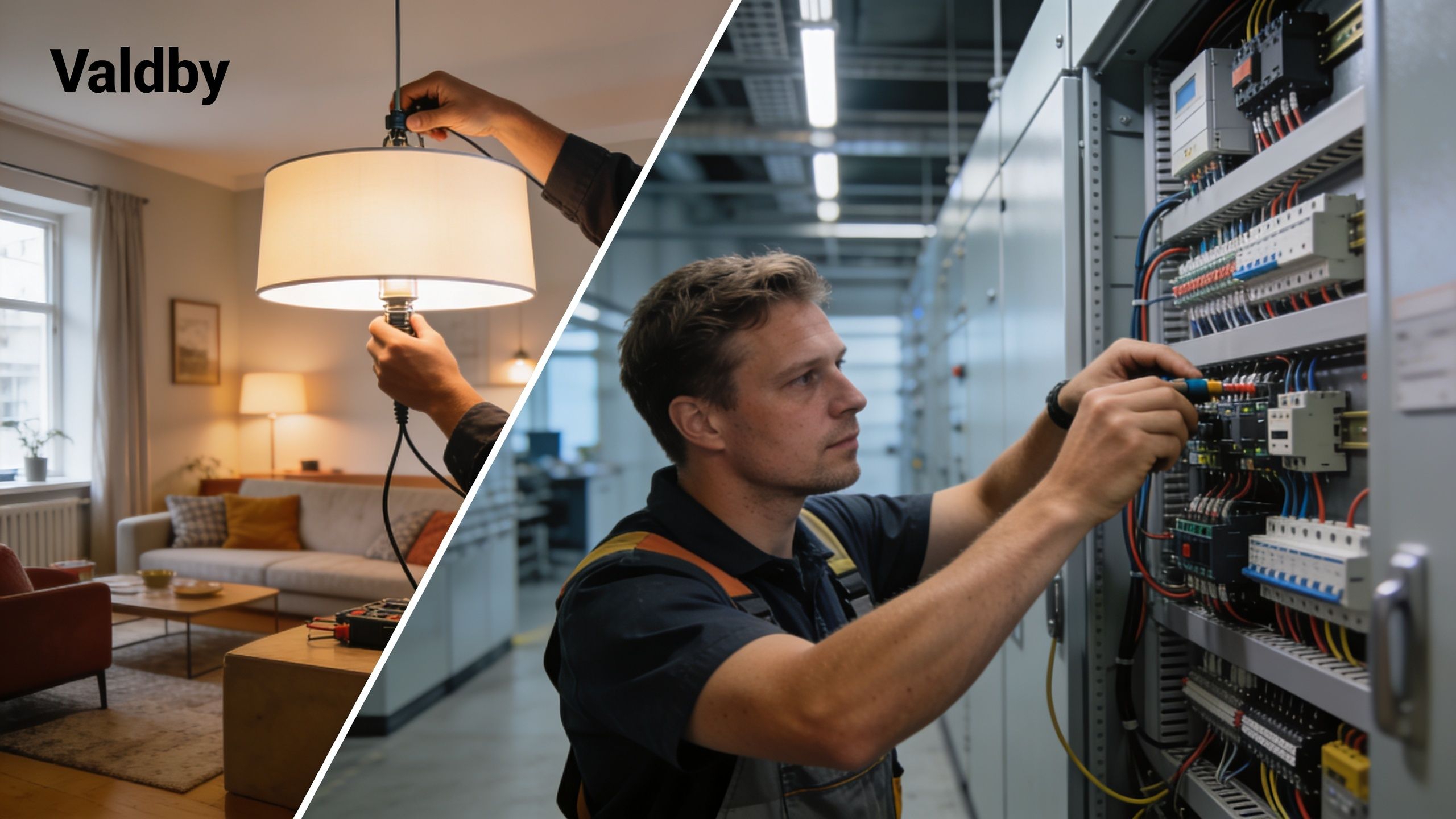 En elektriker i Valby udfører både privat lampeinstallation og komplekst teknisk arbejde i et industrielt el-skab.