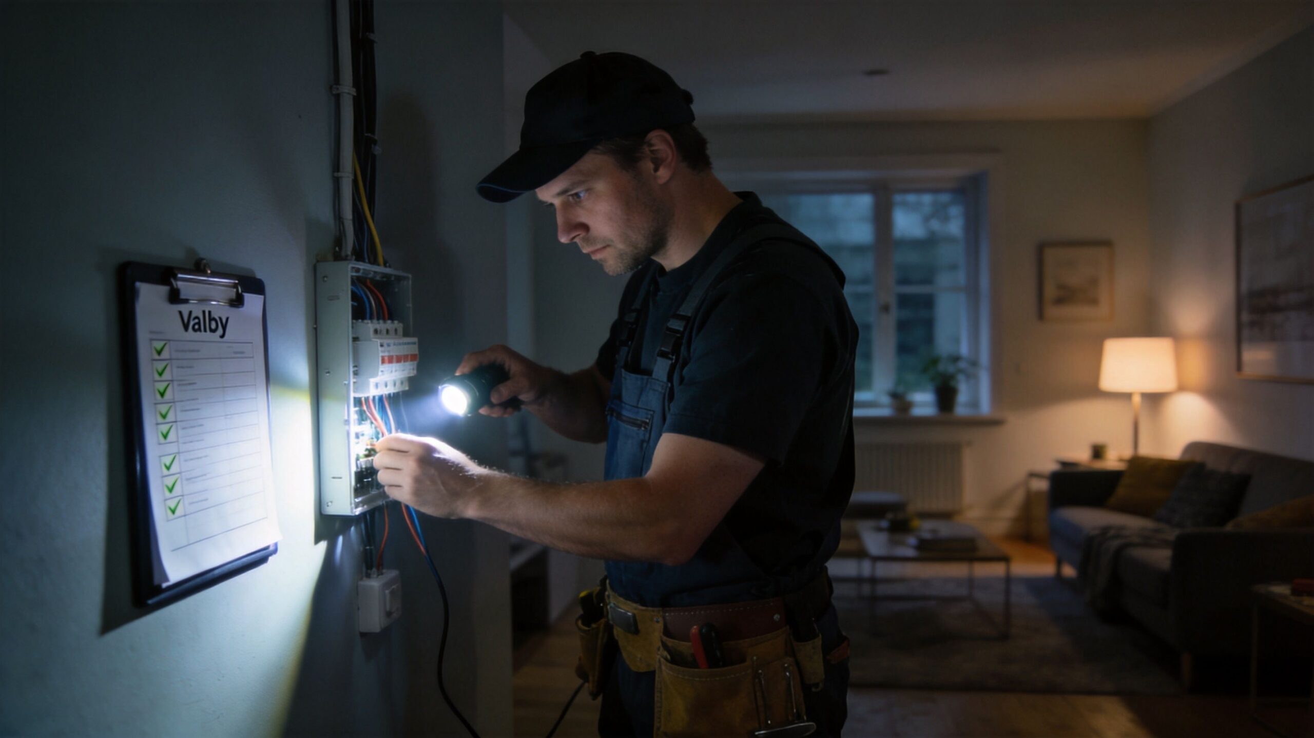 En elektriker i Valby arbejder fokuseret på en elektrisk tavle i en privat bolig ved hjælp af lommelygte.