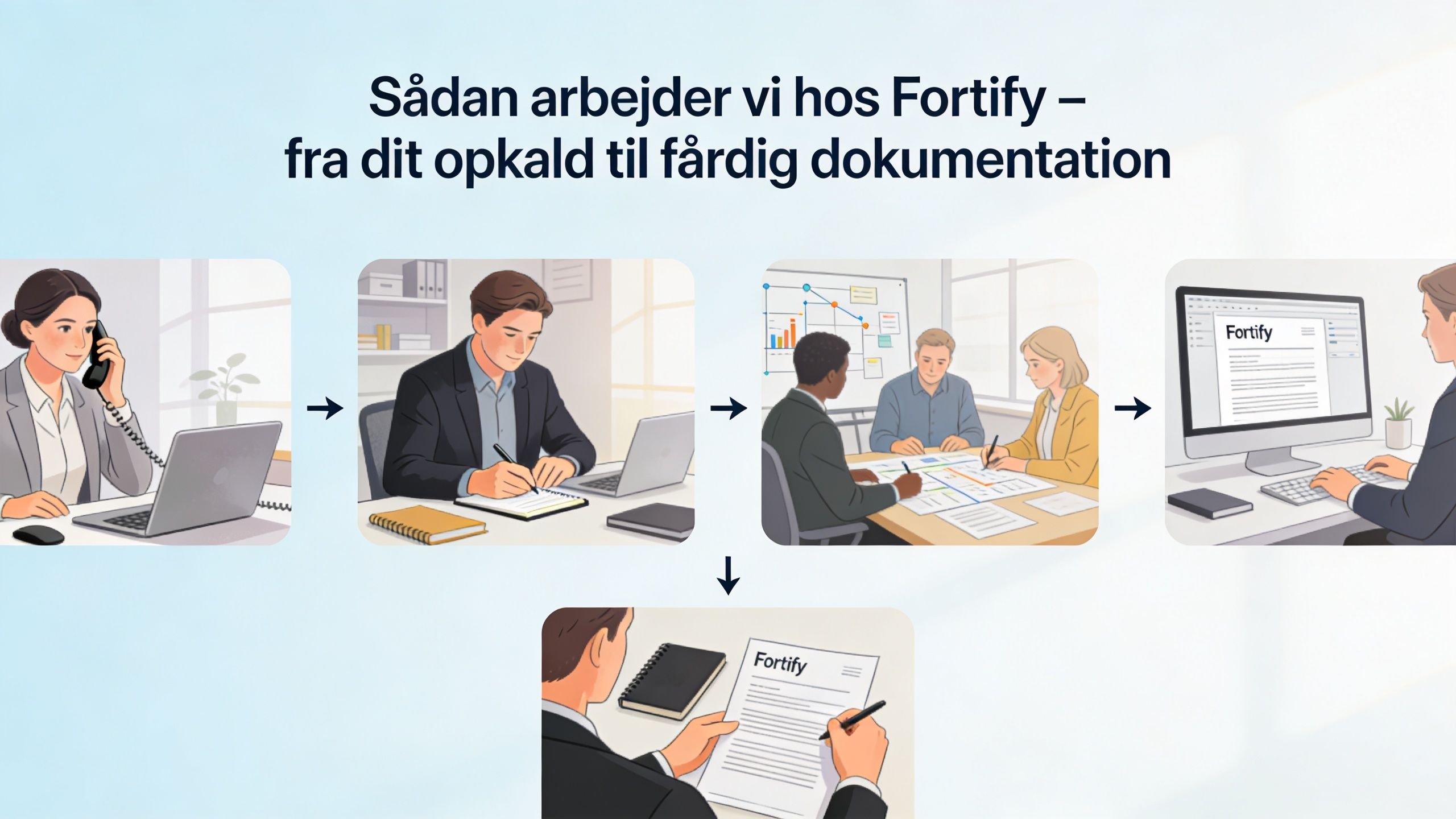 En illustration af Fortifys arbejdsproces fra det indledende opkald til færdiggørelse af dokumentation for kunder.