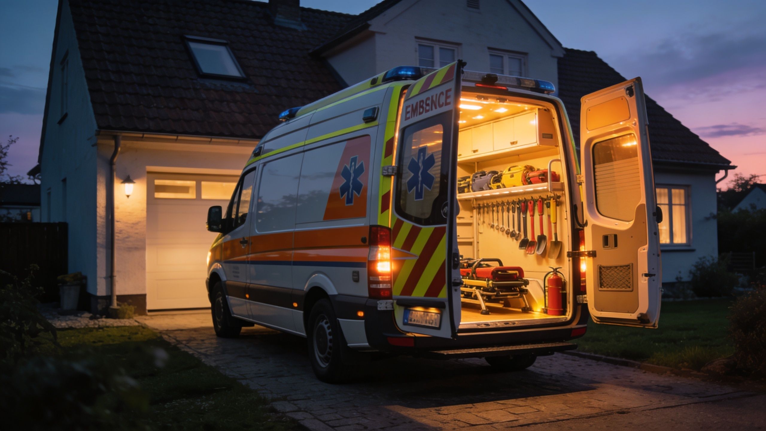 En ambulance parkeret i en indkørsel foran et parcelhus ved solnedgang, klar til en akut udrykning.