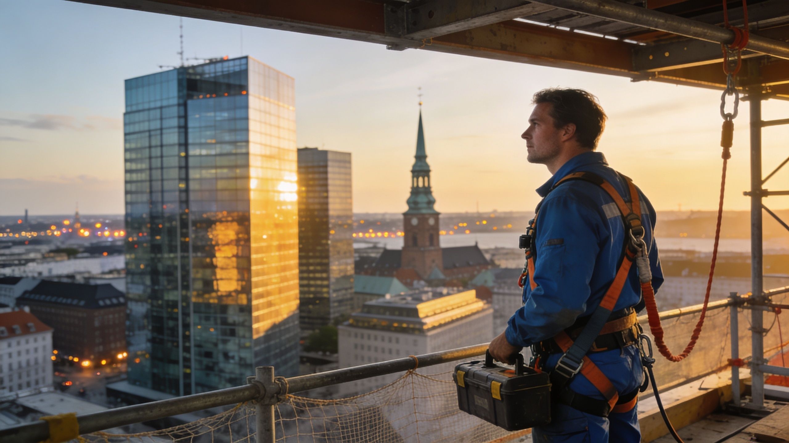 En elektriker står på et stillads højt over byen og betragter solnedgangen over byens skyline.