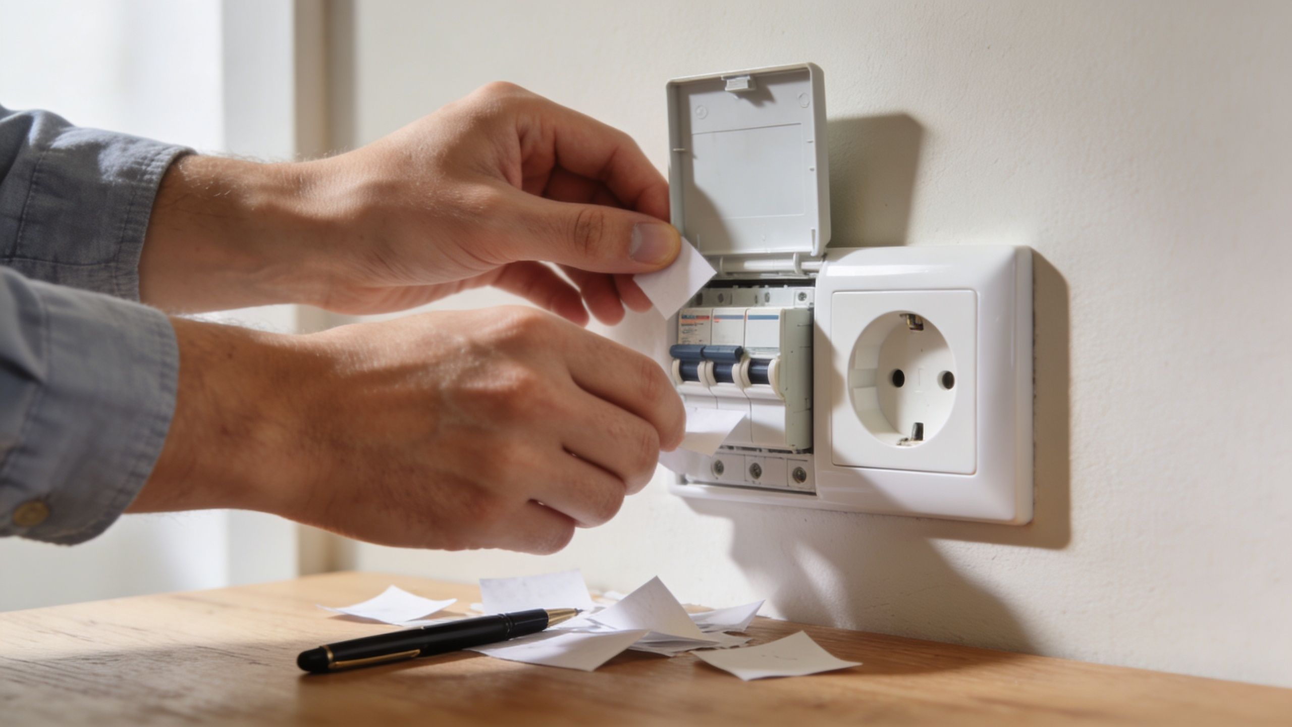 En person sætter labels på elektriske sikringer i et elpanel ved siden af en stikkontakt på væggen.